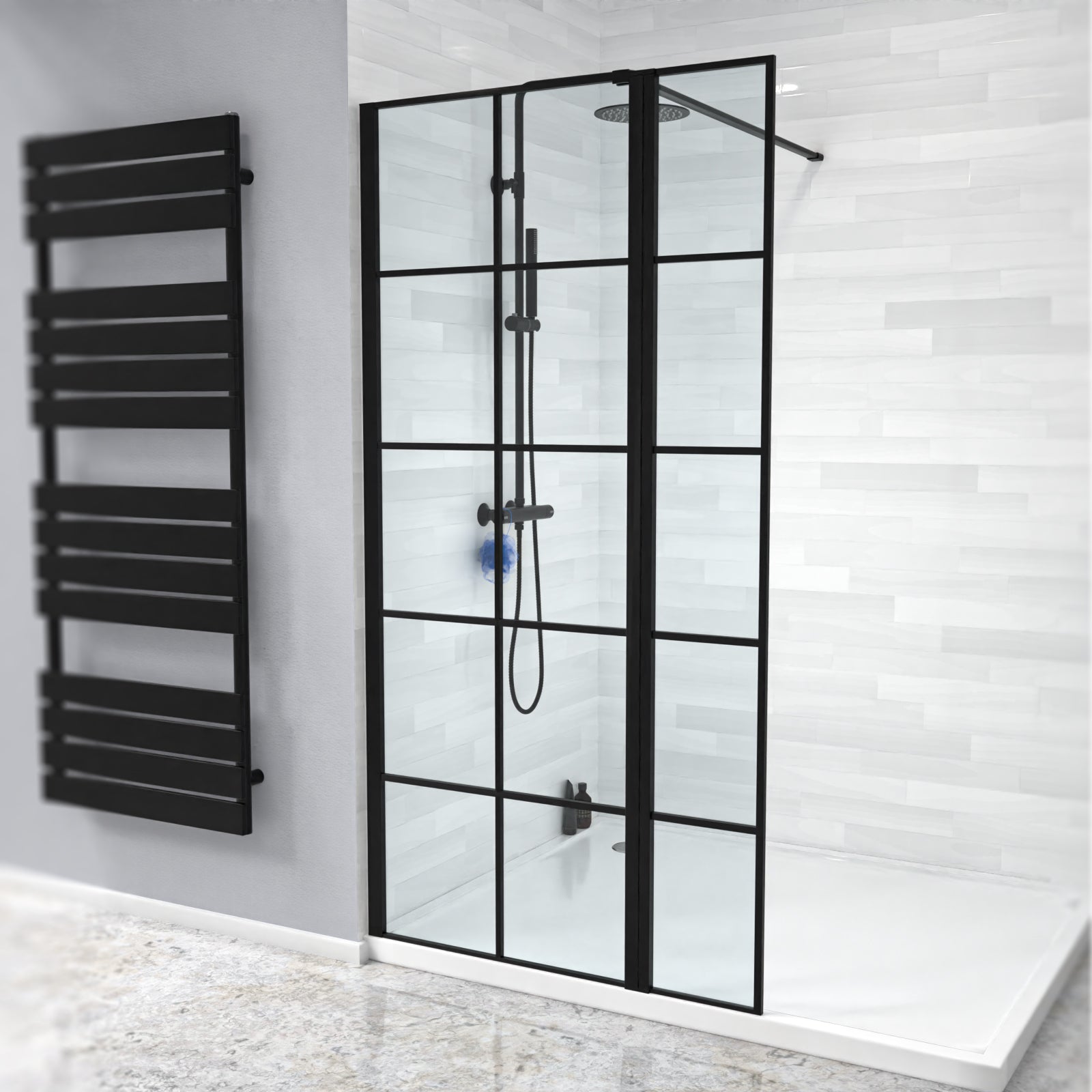 Magna Black Grid 700mm Shower Screen 8mm Tempered Glass & 300mm Return Panel