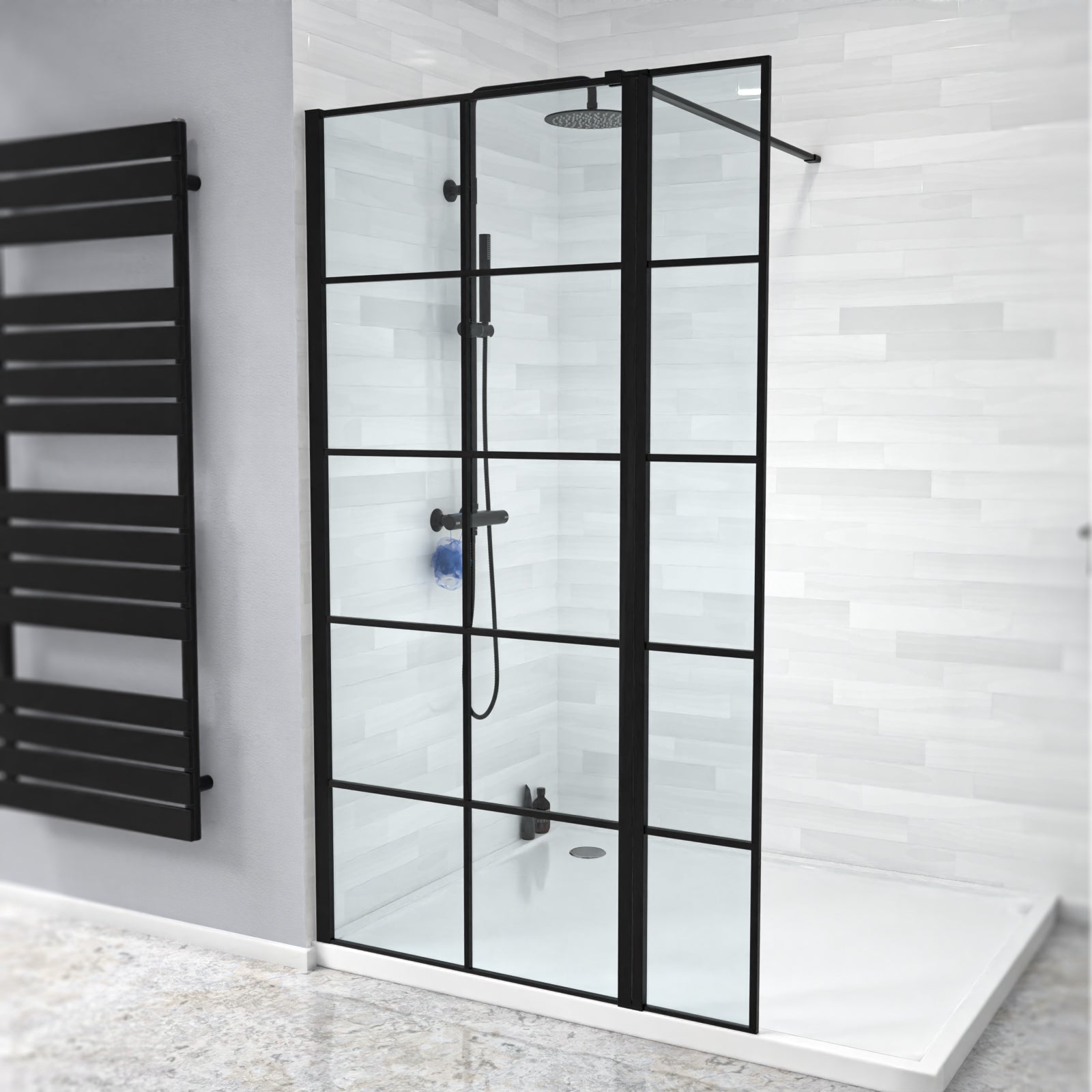 Magna Black Grid 800mm Shower Screen 8mm Tempered Glass & 300mm Return Panel