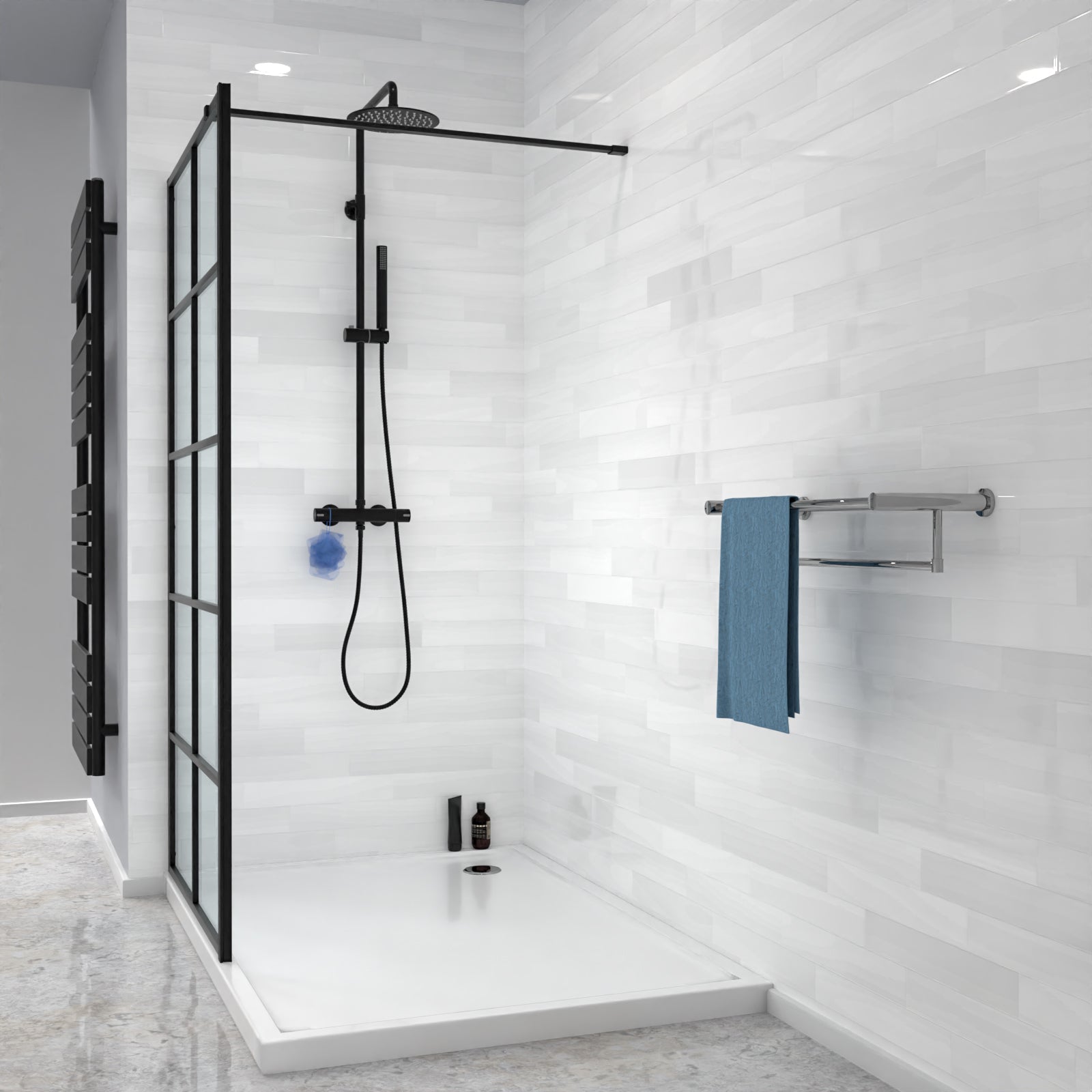 Stanley 900mm Black Grid Framed Walk-In Shower Enclosure with Support Bar