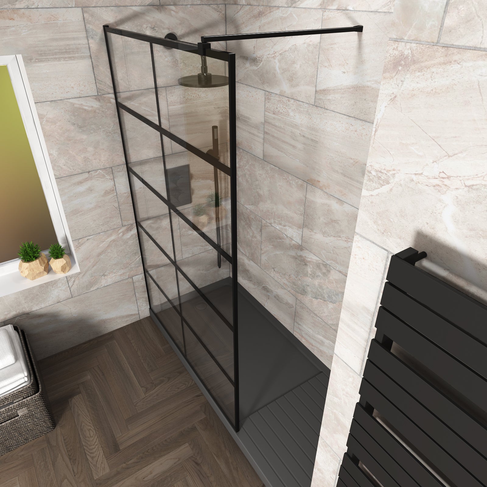 Stanley 800mm Black Grid Framed Walk-In Shower Enclosure with Support Bar