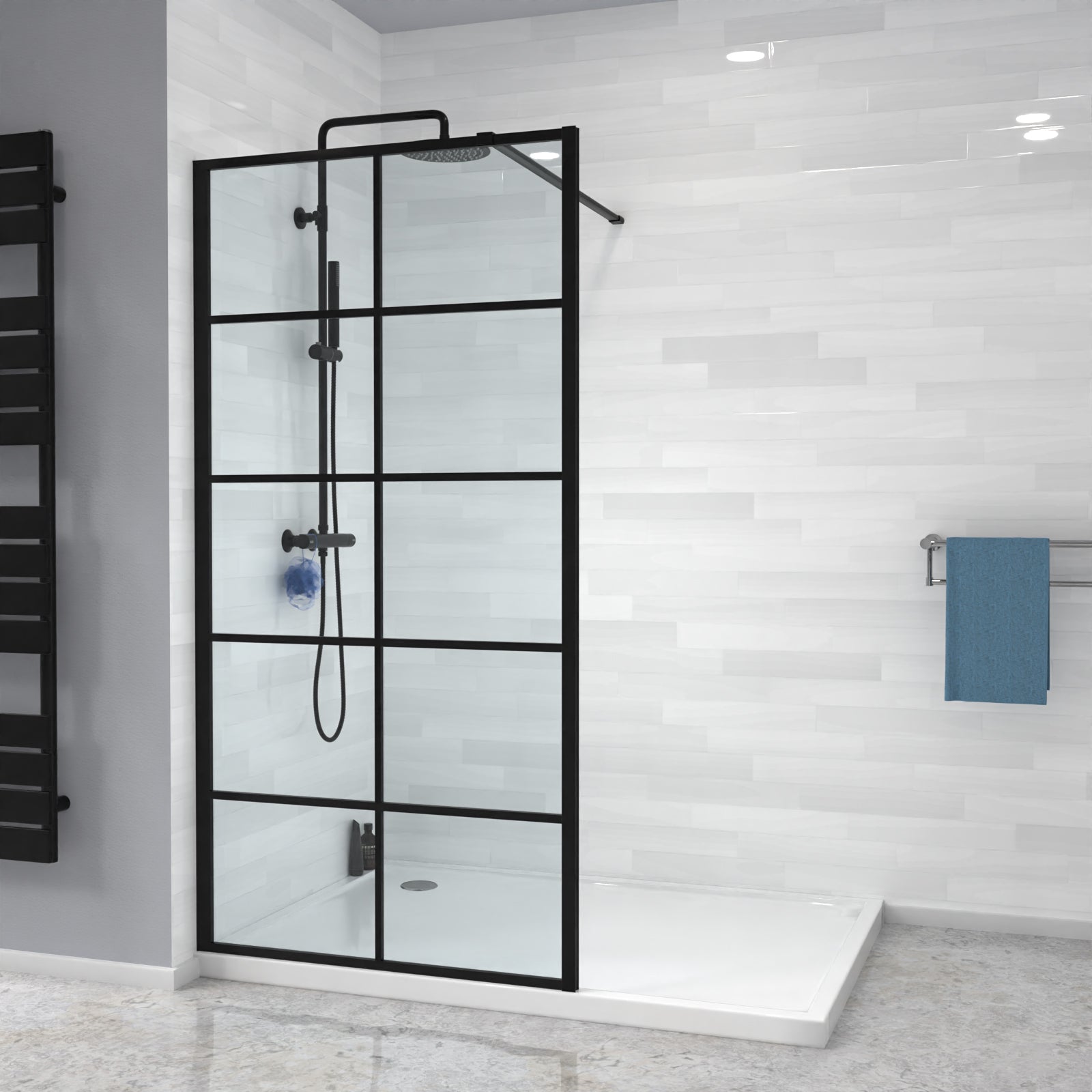 Stanley 900mm Black Grid Framed Walk-In Shower Enclosure with Support Bar