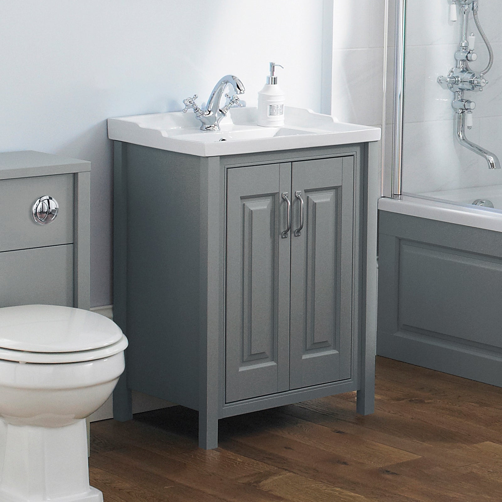 Chiltern 600mm Flat Pack Grey Bathroom Traditional Basin Vanity Cabinet Unit