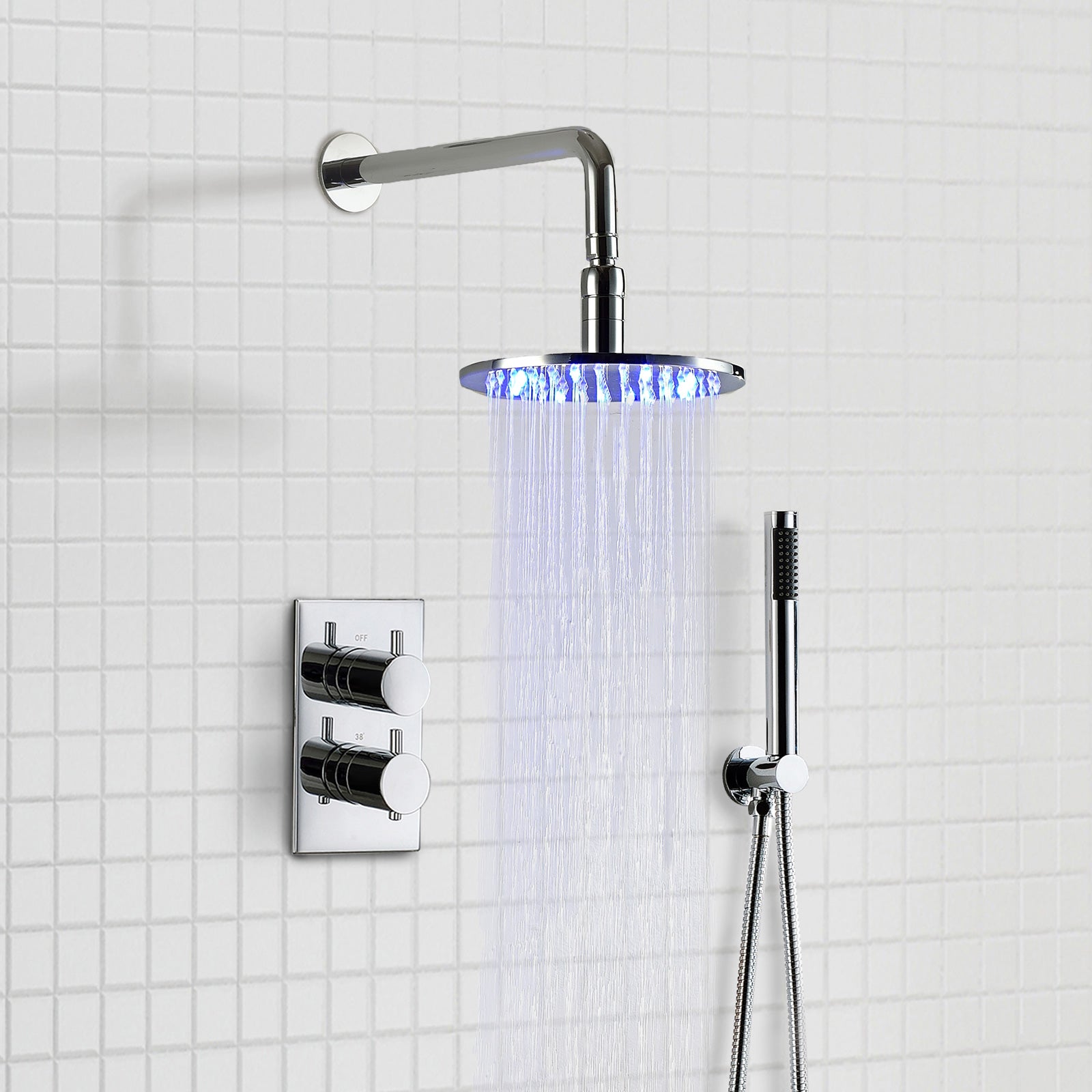 Plum 2 Dial 2 Way Modern Chrome Round Set Led Shower Head & Handset