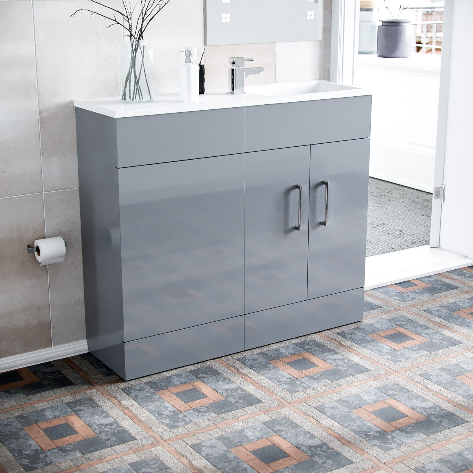 James Grey 1000mm Freestanding Slimline Vanity Cabinet White Resin Basin