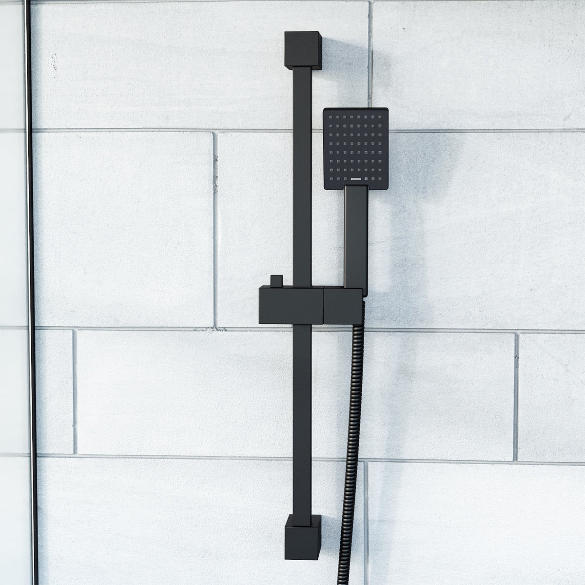 Square Shower Matte Black Handset And Hose With Slider Riser Rail Bracket