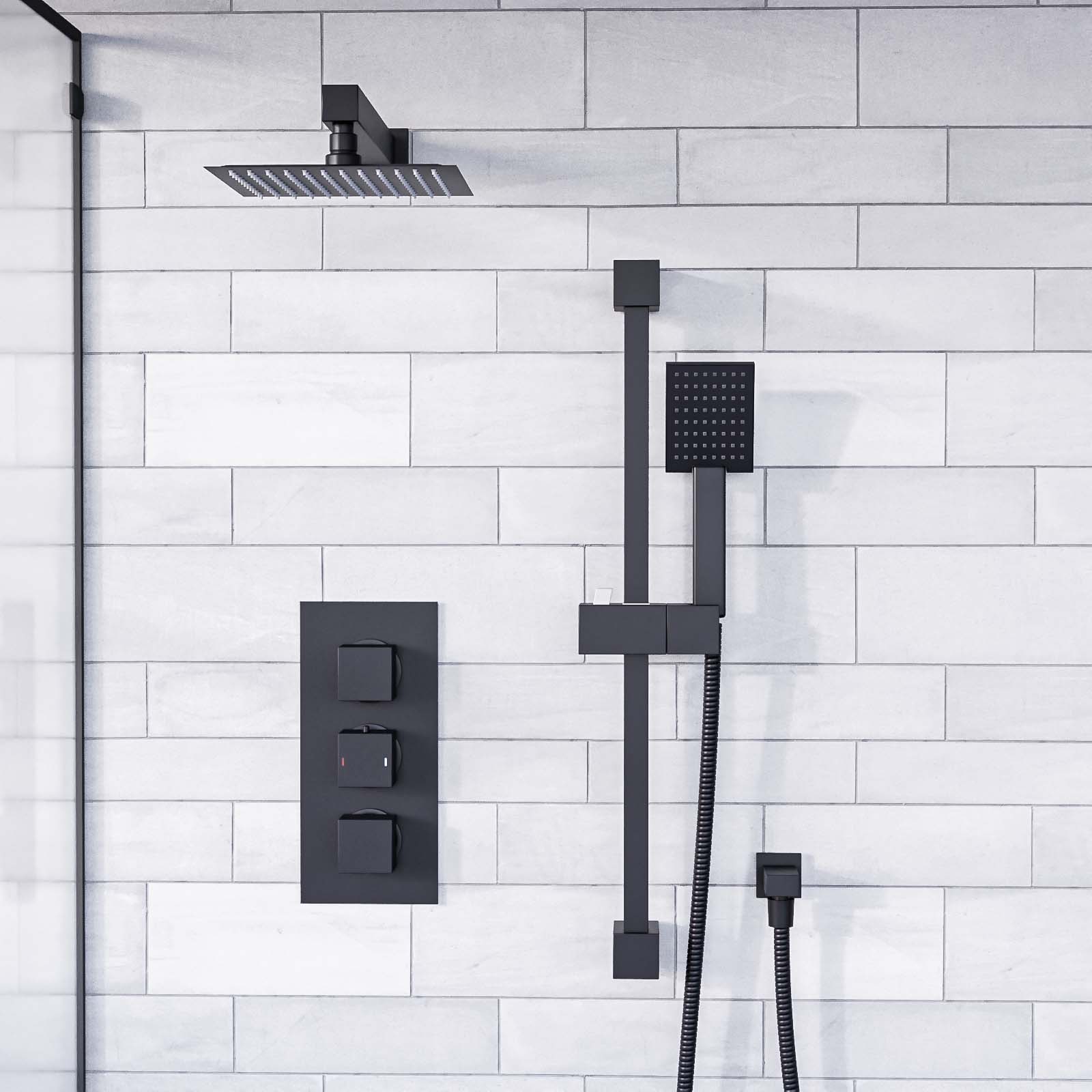 Temel Matte Black Concealed Thermostatic Mixer Valve, Slider Rail & Shower Head Set