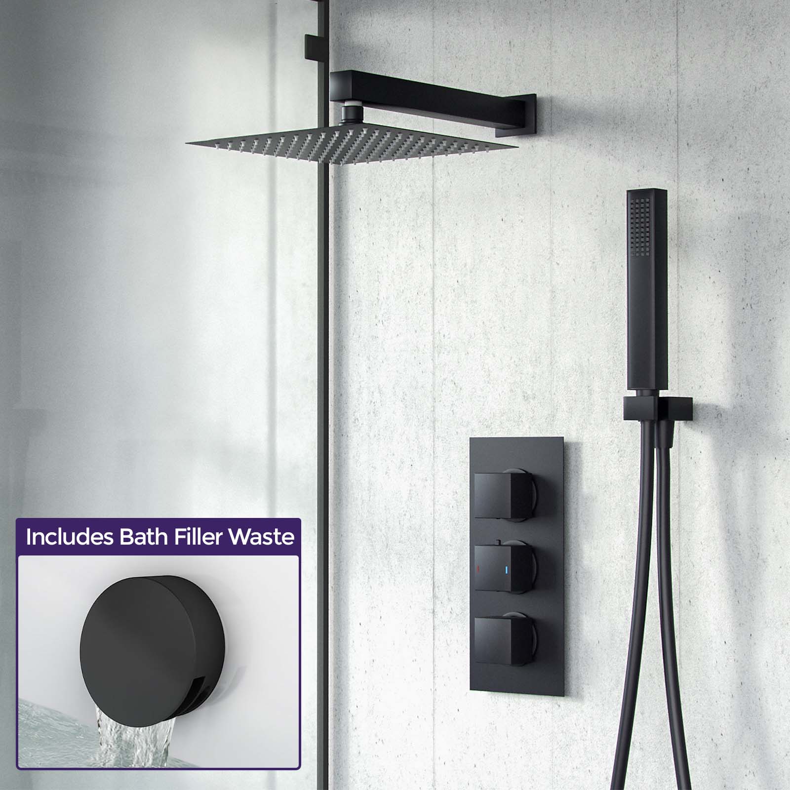 Temel Matte Black 200 mm Square Shower Head Thermostatic Mixer Valve HandHeld