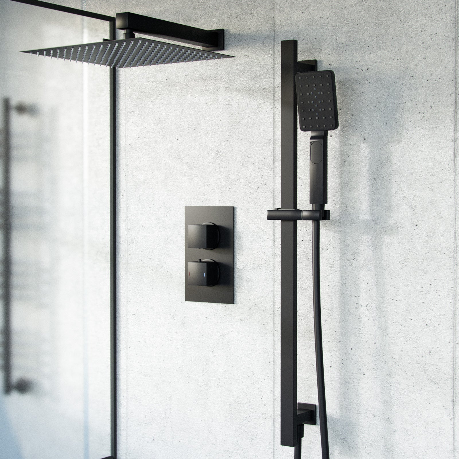 Temel 2 Dial 2 Way Thermostatic Mixer Valve, 300mm Shower Head, Handset Slider Rail Set Matte Black