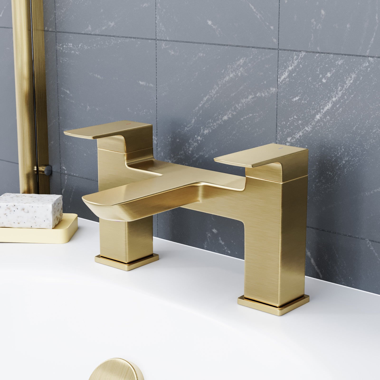 Astra Square Gold Brushed Brass Bathroom Square Deck Mounted Bath Filler Tap
