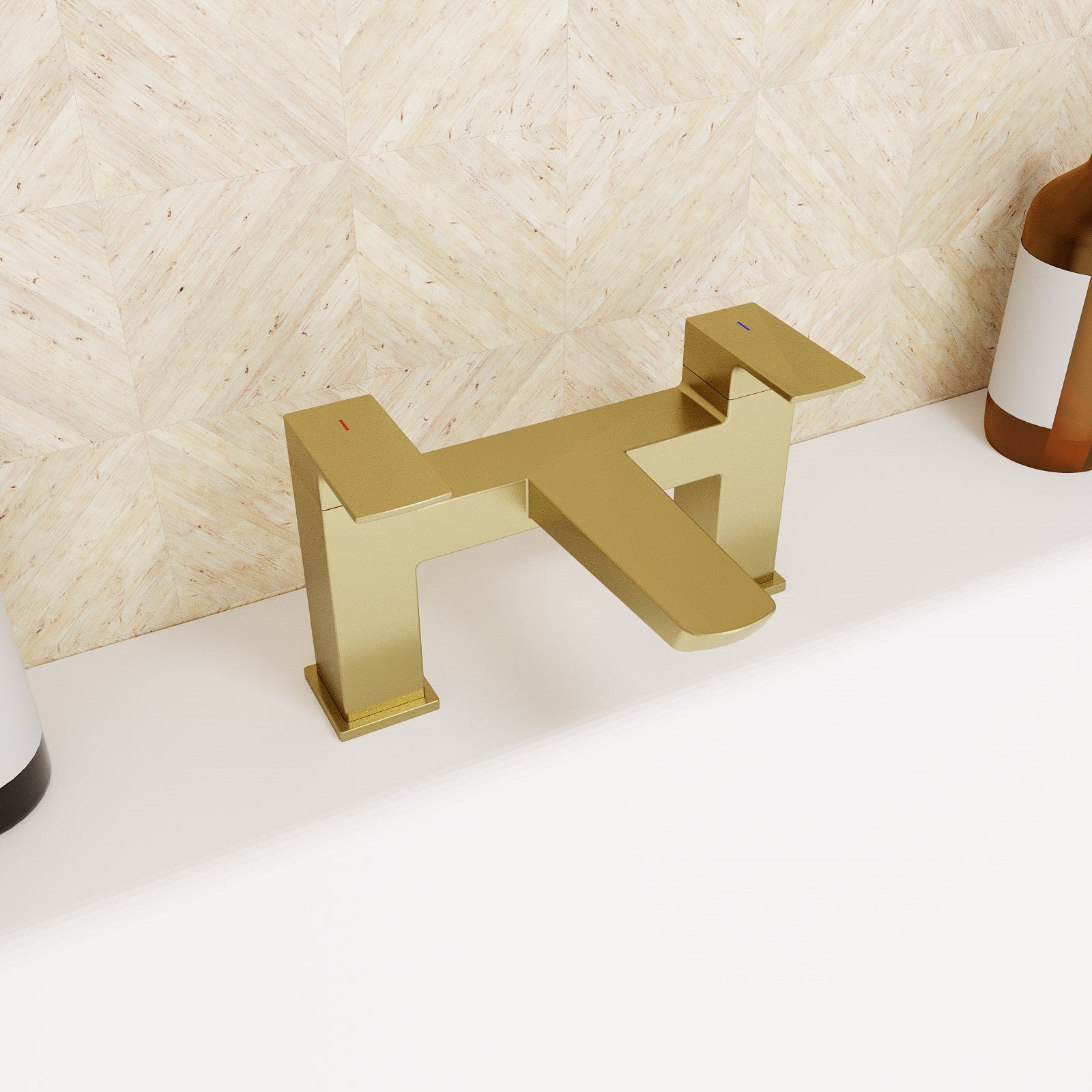 Astra Square Gold Brushed Brass Bathroom Square Deck Mounted Bath Filler Tap