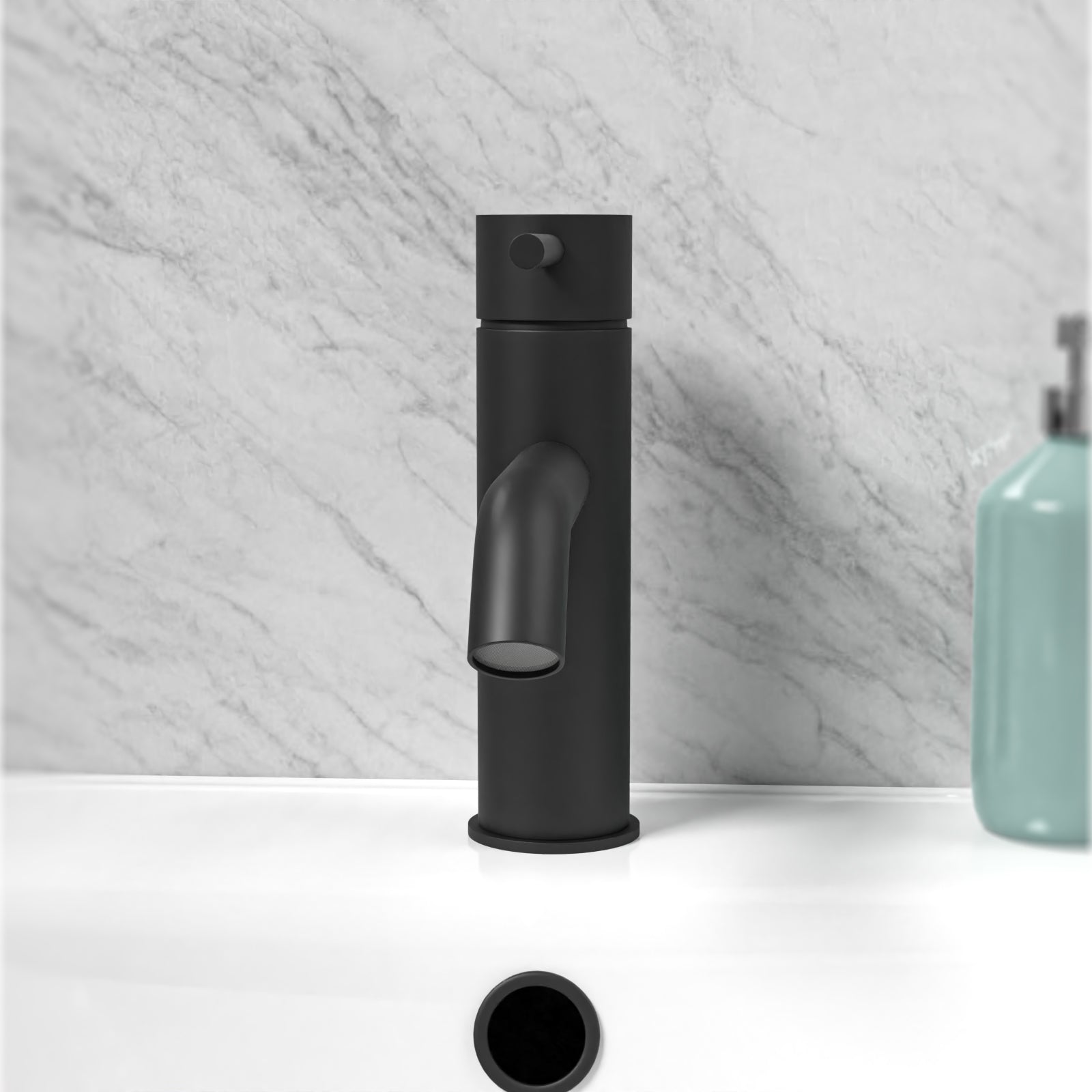 Matt Black Deck Mounted Round Single Lever Basin Mono Tap with Waste