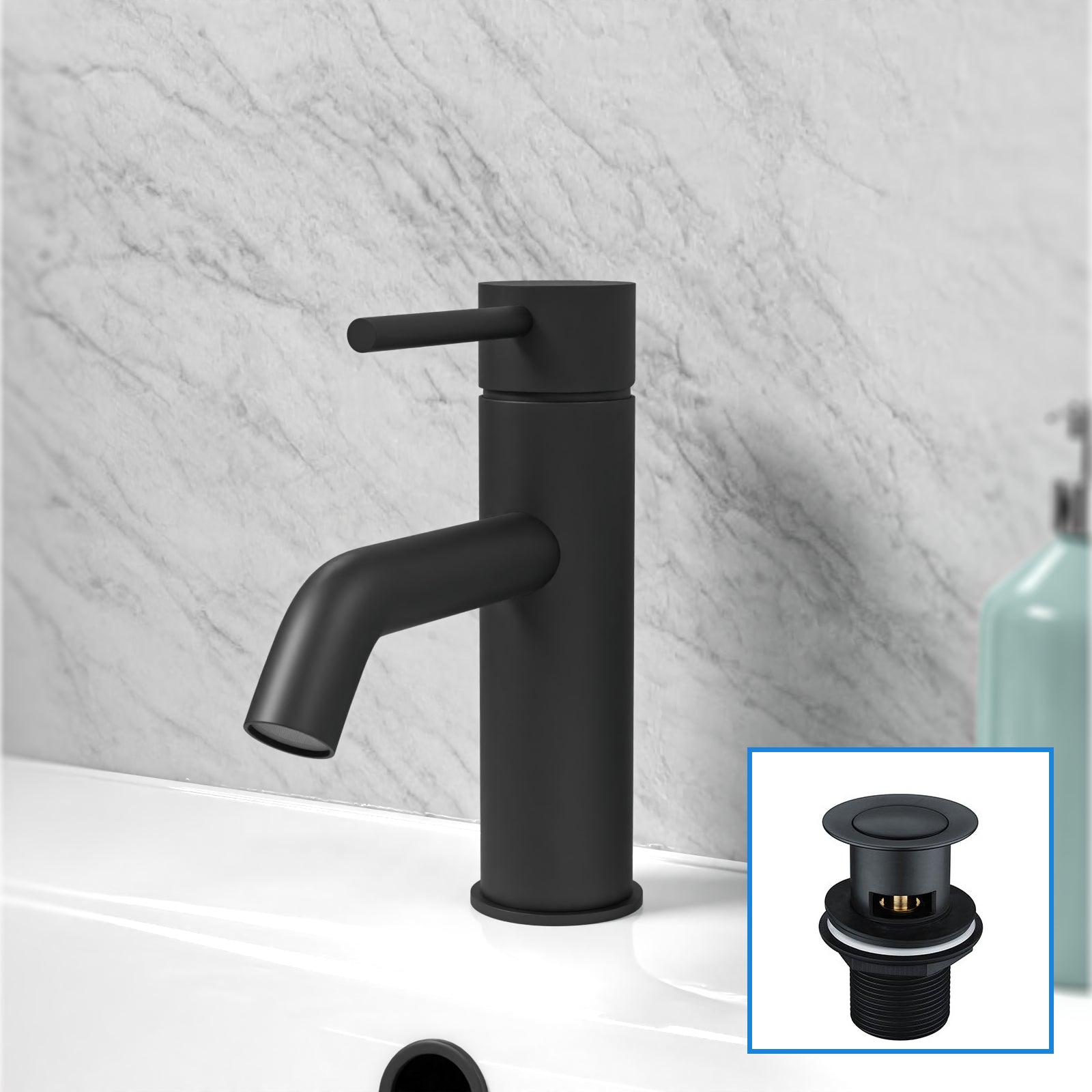 Matt Black Deck Mounted Round Single Lever Basin Mono Tap with Waste