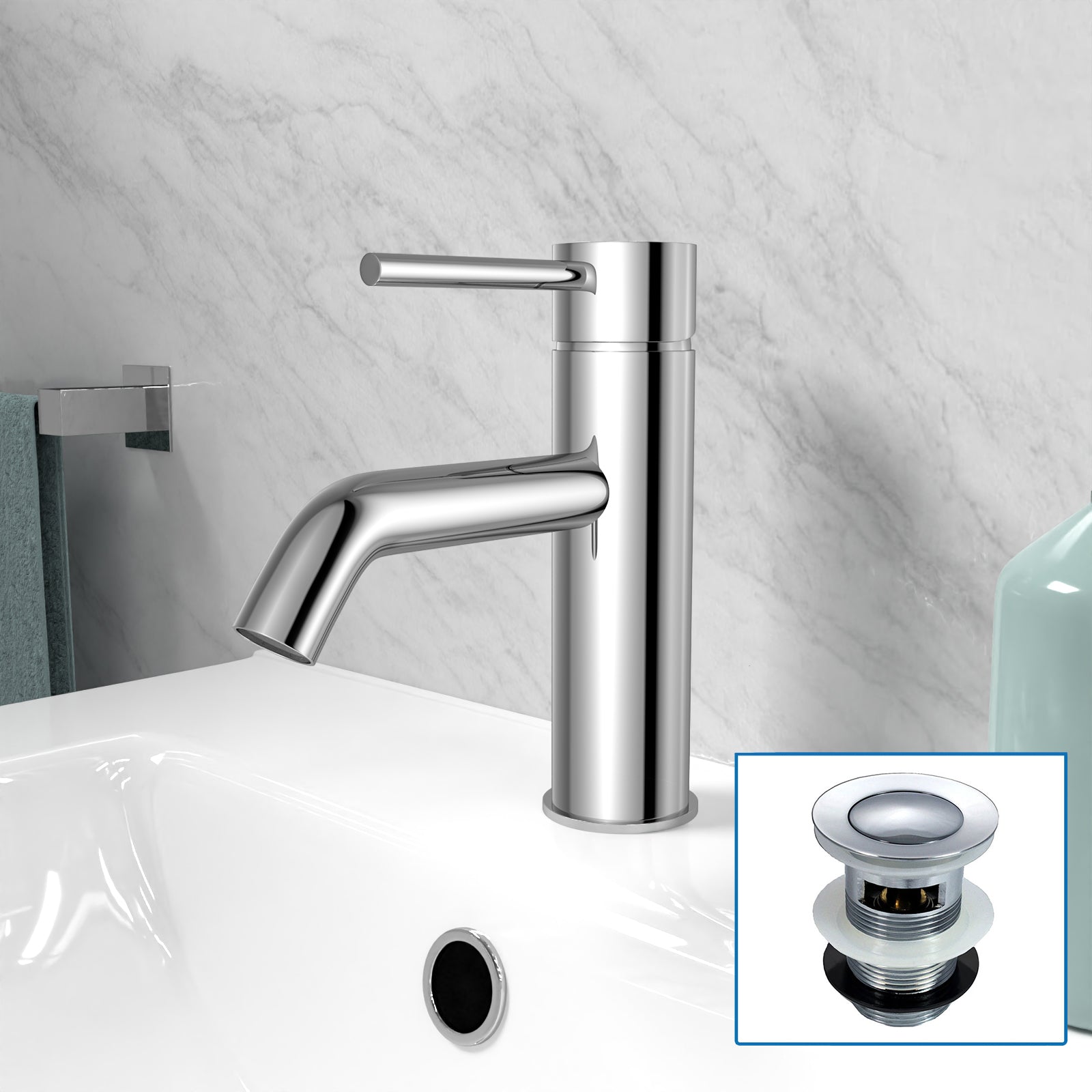 Chrome Deck Mounted Round Single Lever Basin Mono Tap with Waste