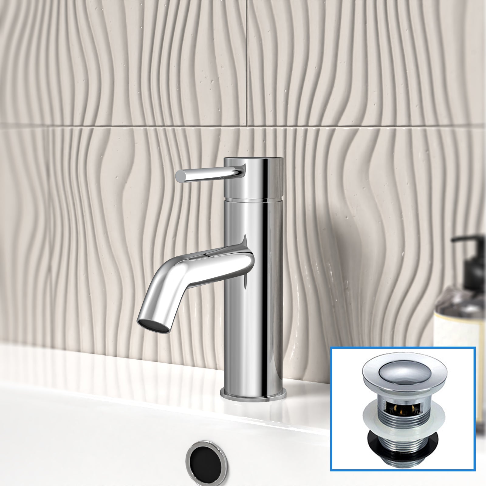 Chrome Deck Mounted Round Single Lever Basin Mono Tap with Waste