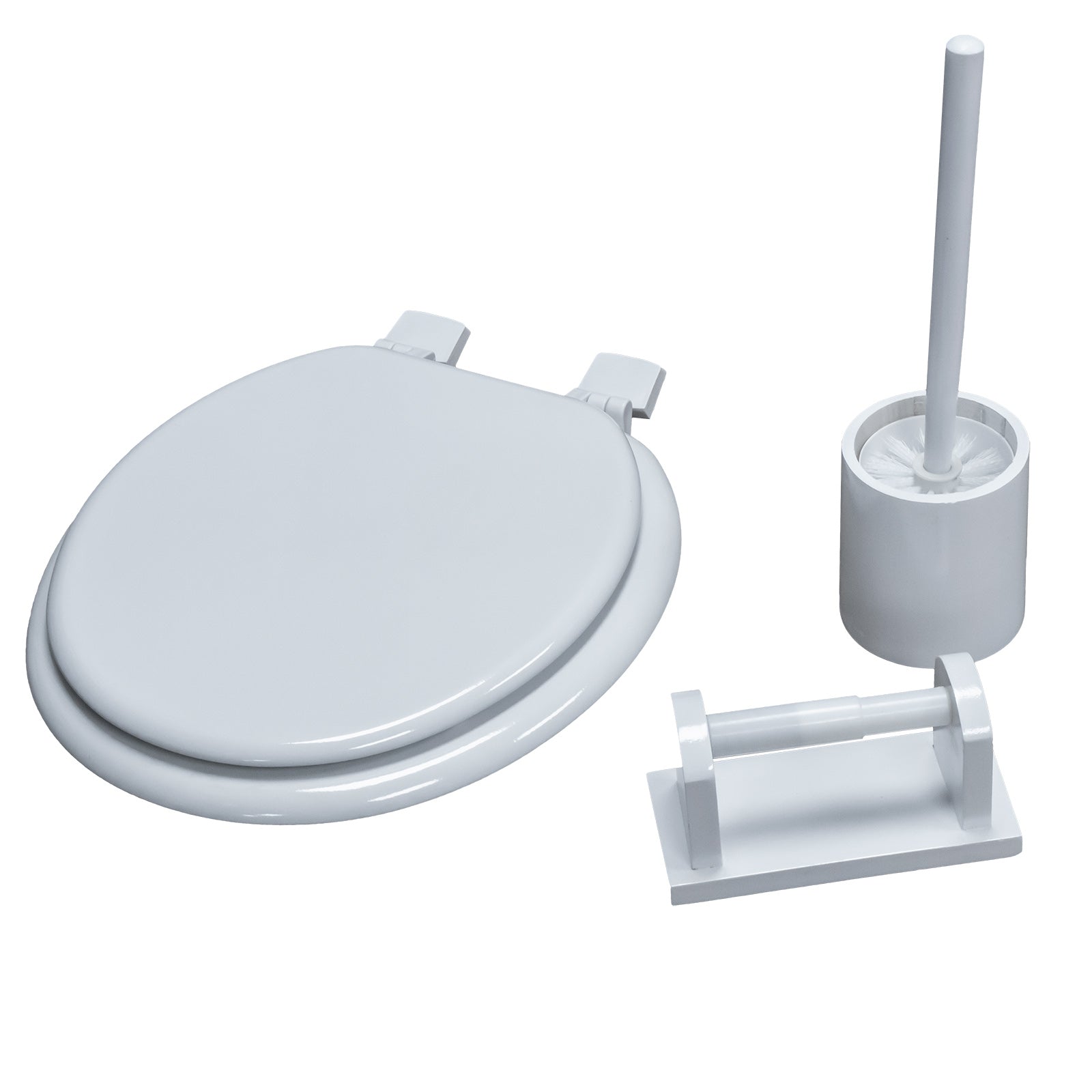 3 in 1 Classic Oval Shaped Design White Toilet Seat, Paper Holder and Pine Brush Holder