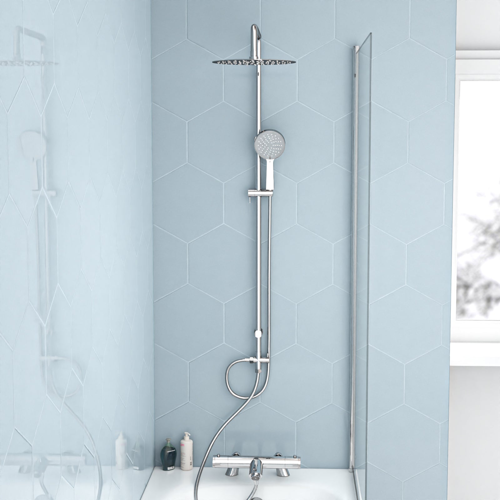 Chrome Modern Exposed Bath Shower Mixer Tap Kit Set & Handheld Shower