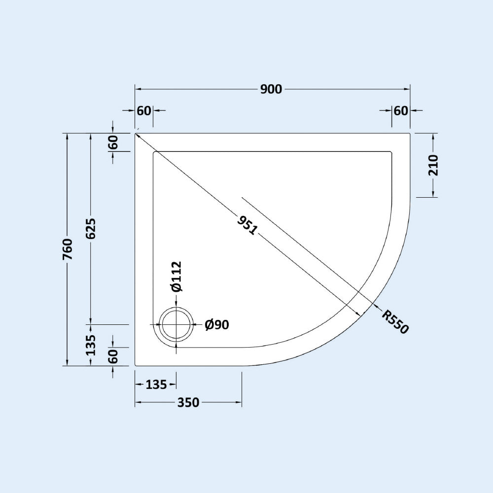 RH 900mm x 760mm Offset Quadrant Shower Tray