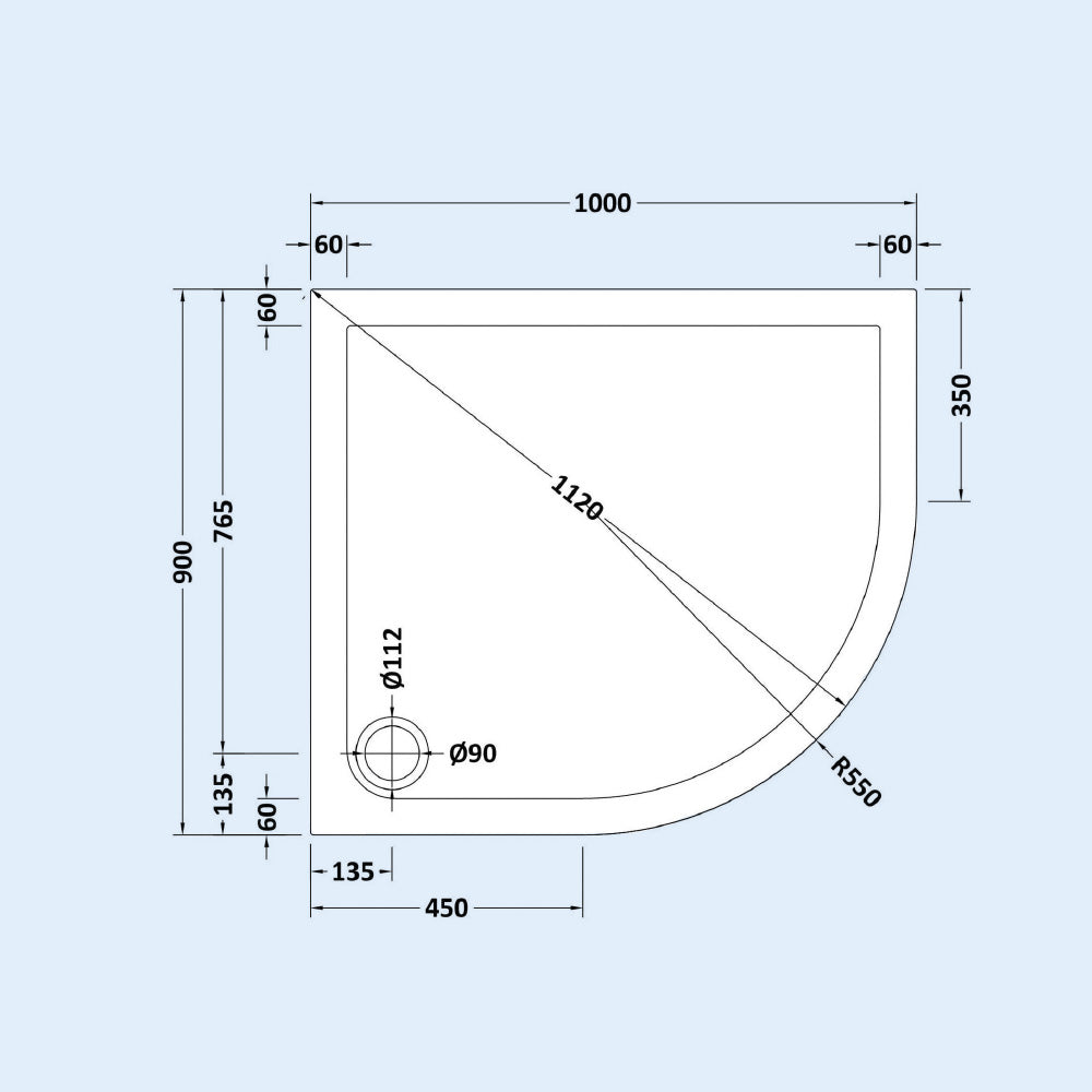 RH 1000mm x 900mm Offset Quadrant Shower Tray