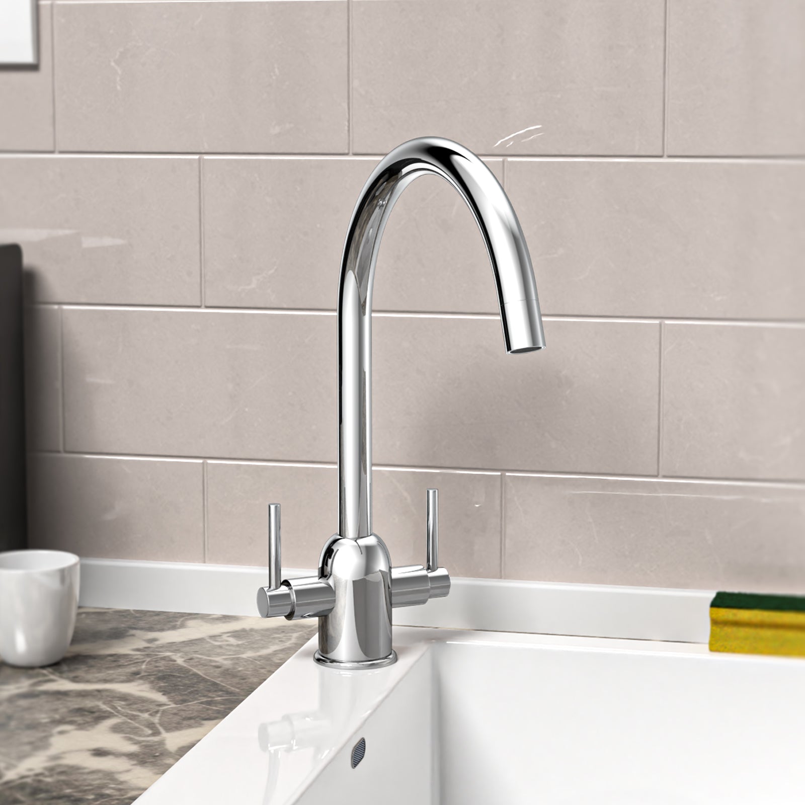 Kallion Twin Lever Chrome Swivel Kitchen Sink Mono Mixer Tap