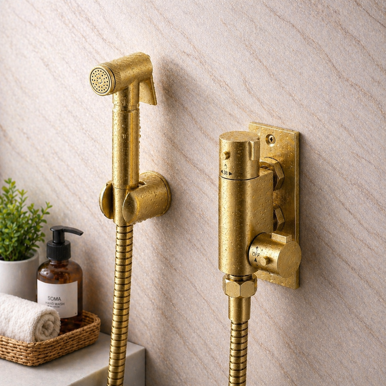 Rowde Brushed Brass Bidet Douche Mini Thermostatic Bar Valve & Spray Kit with Easy Fitting Plate Set