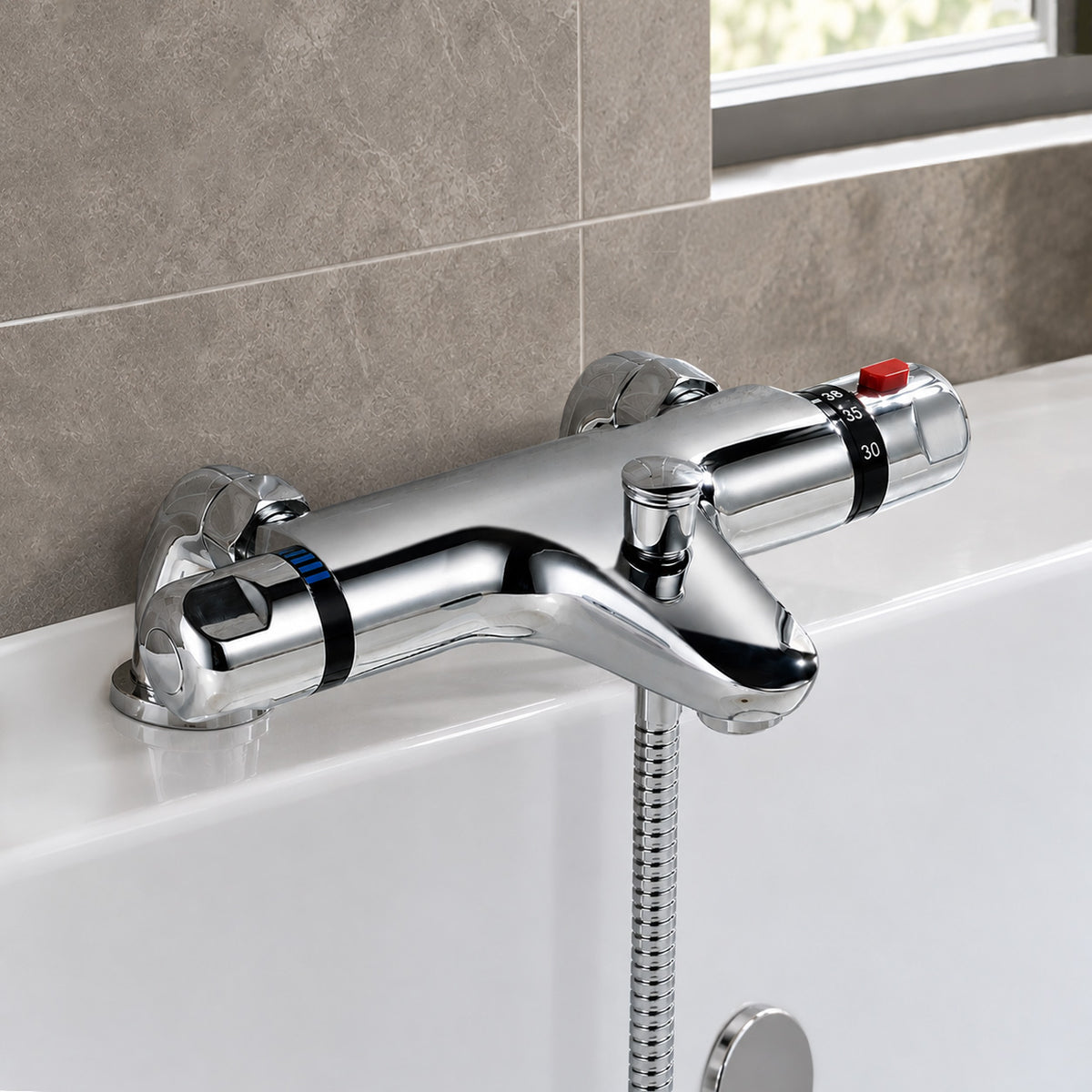 Modern Deck Mounted Chrome Thermostatic Bath Shower Mixer Tap