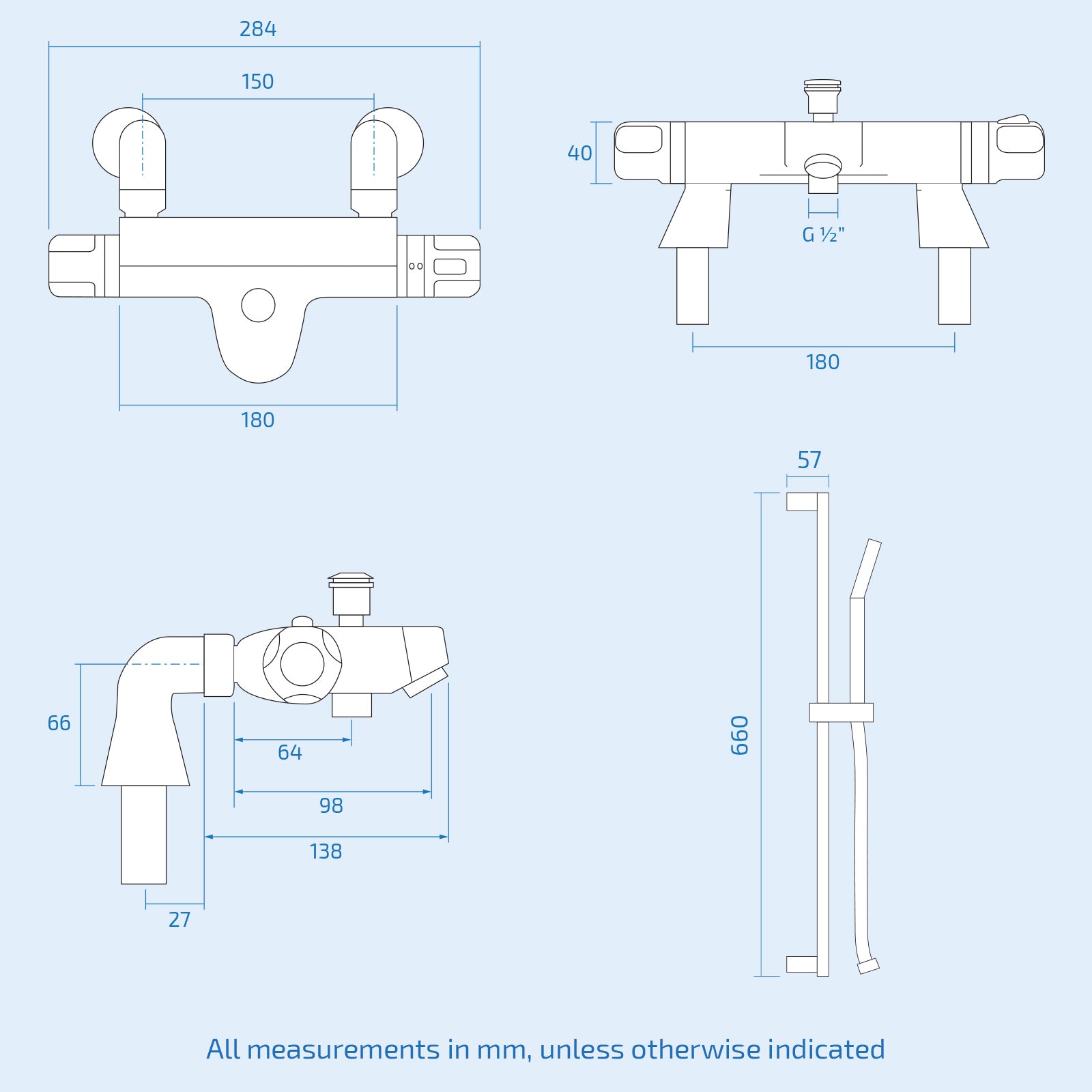 Bexley Thermostatic Deck Mounted Valve Bath Shower Mixer Riser Kit / 3 Mode Handset