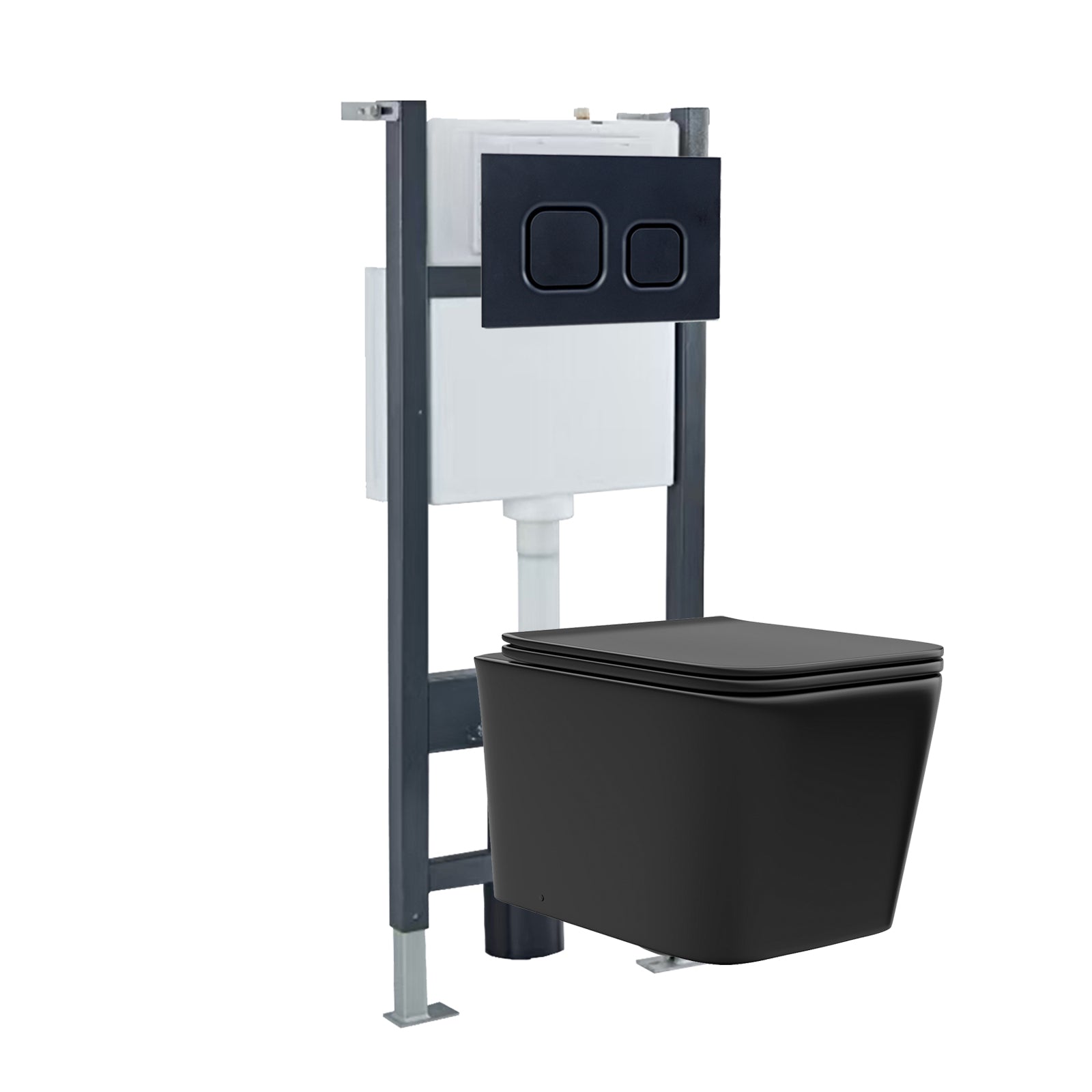 Black Rimless Square Toilet, Cistern Frame & Square Button Flush Plate