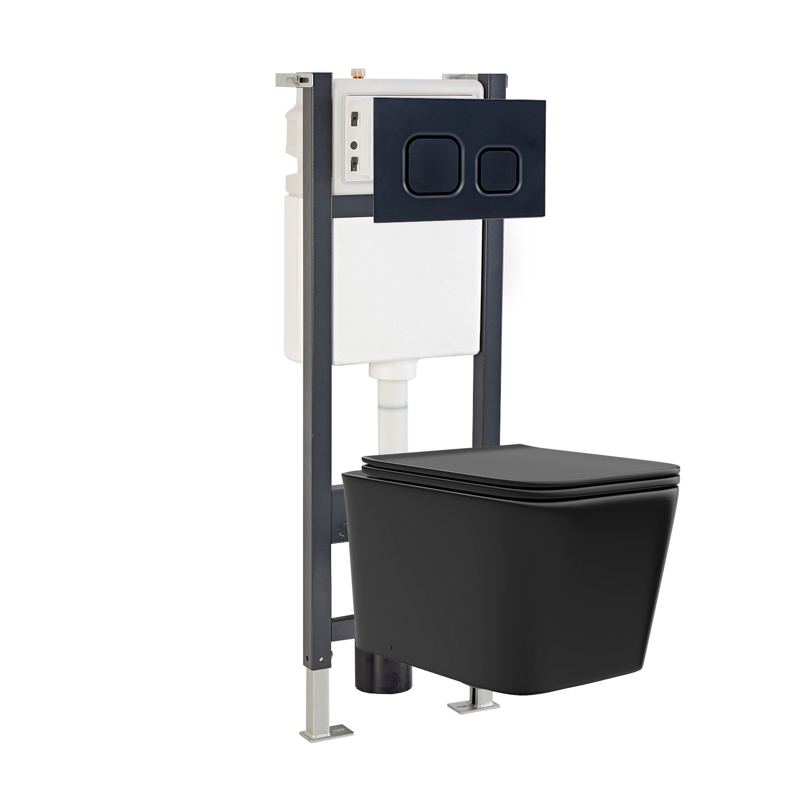 Matte Black Square Toilet, Cistern Frame & Square Button Flush Plate