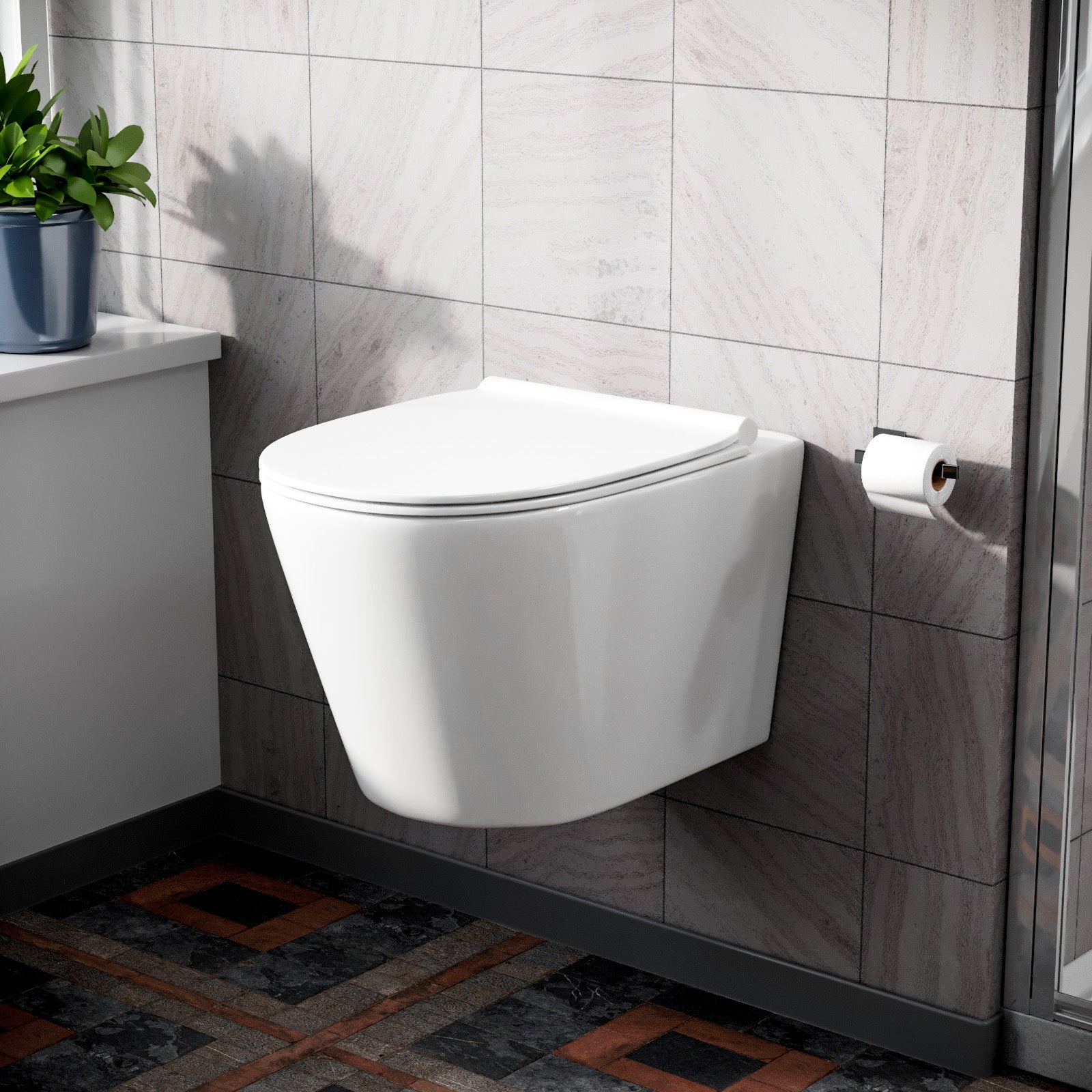 Modern Rimless Wall Hung Toilet with Ultra Slim Soft Close Seat and Wall Frame System