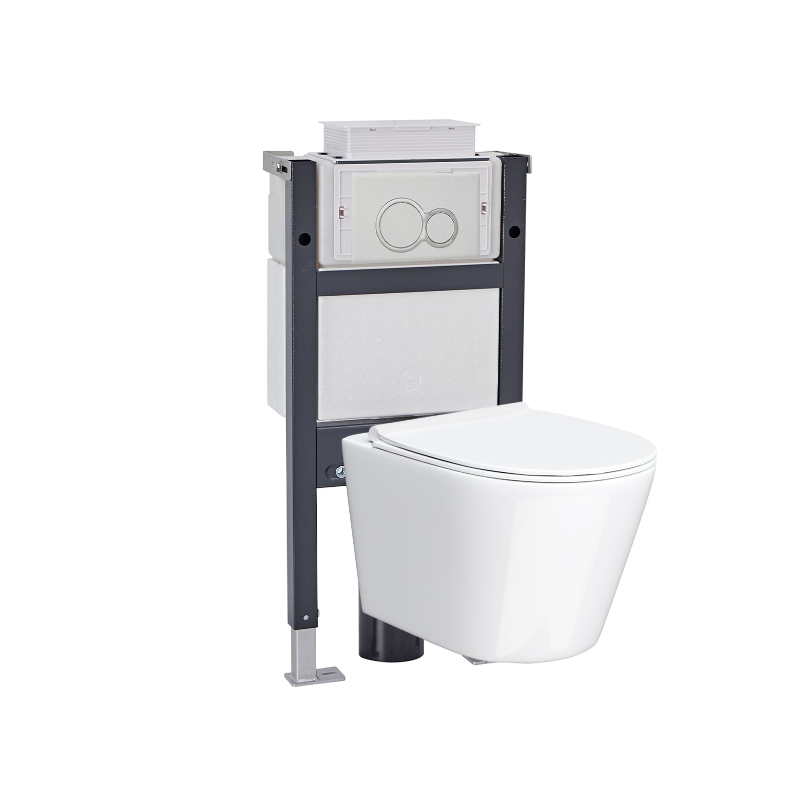 Wall Hung Rimless Toilet White, Cistern Frame Matte Chrome Button