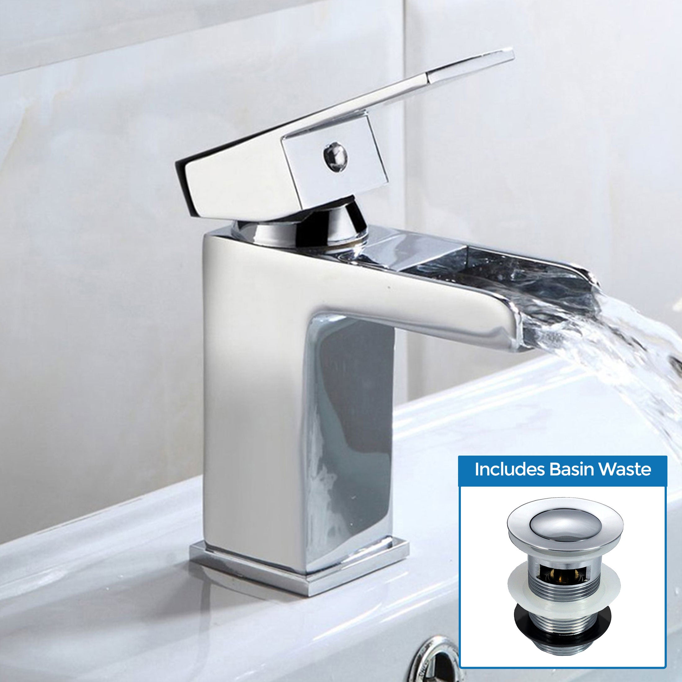 Ozone Contemporary Chrome Waterfall Bathroom Basin Mixer Tap & Waste