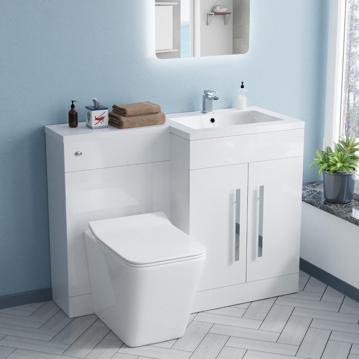 Aric 1100mm RH White Basin Vanity Unit WC BTW Rimless Toilet Flat Pack