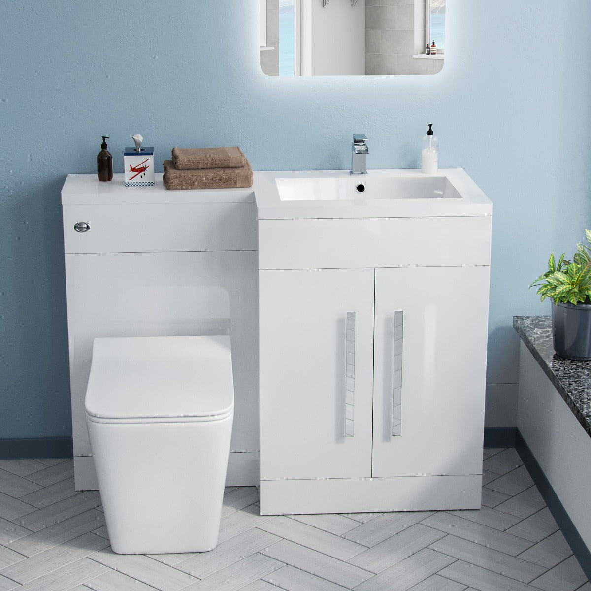 Aric 1100mm RH White Basin Vanity Unit WC BTW Rimless Toilet Flat Pack