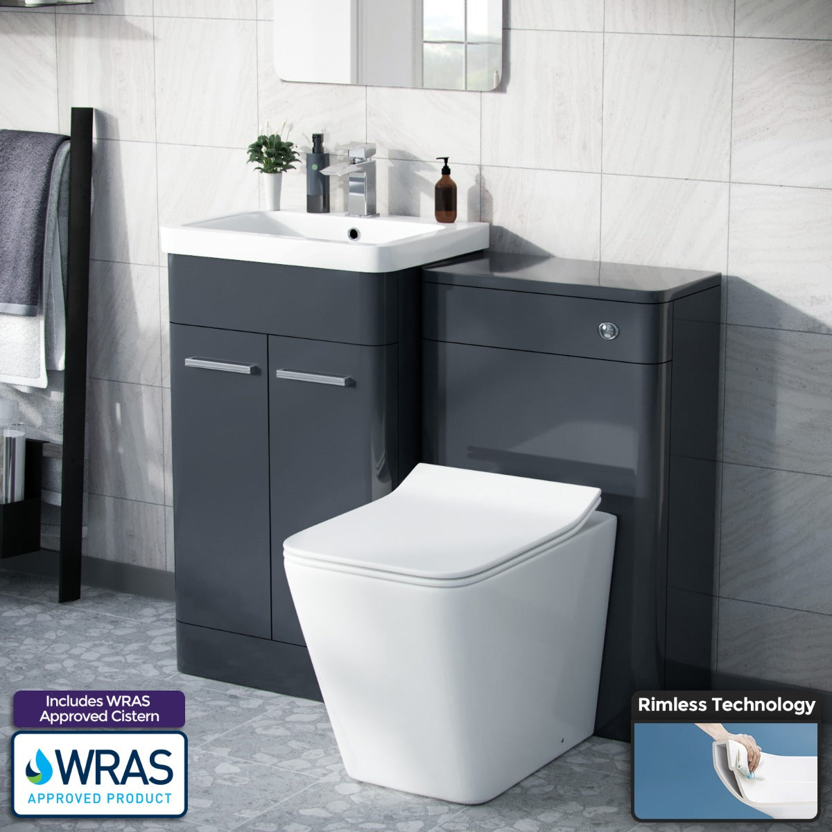 Afern Dark Grey 1000mm Vanity Cabinet with WC Unit And Rimless BTW Toilet