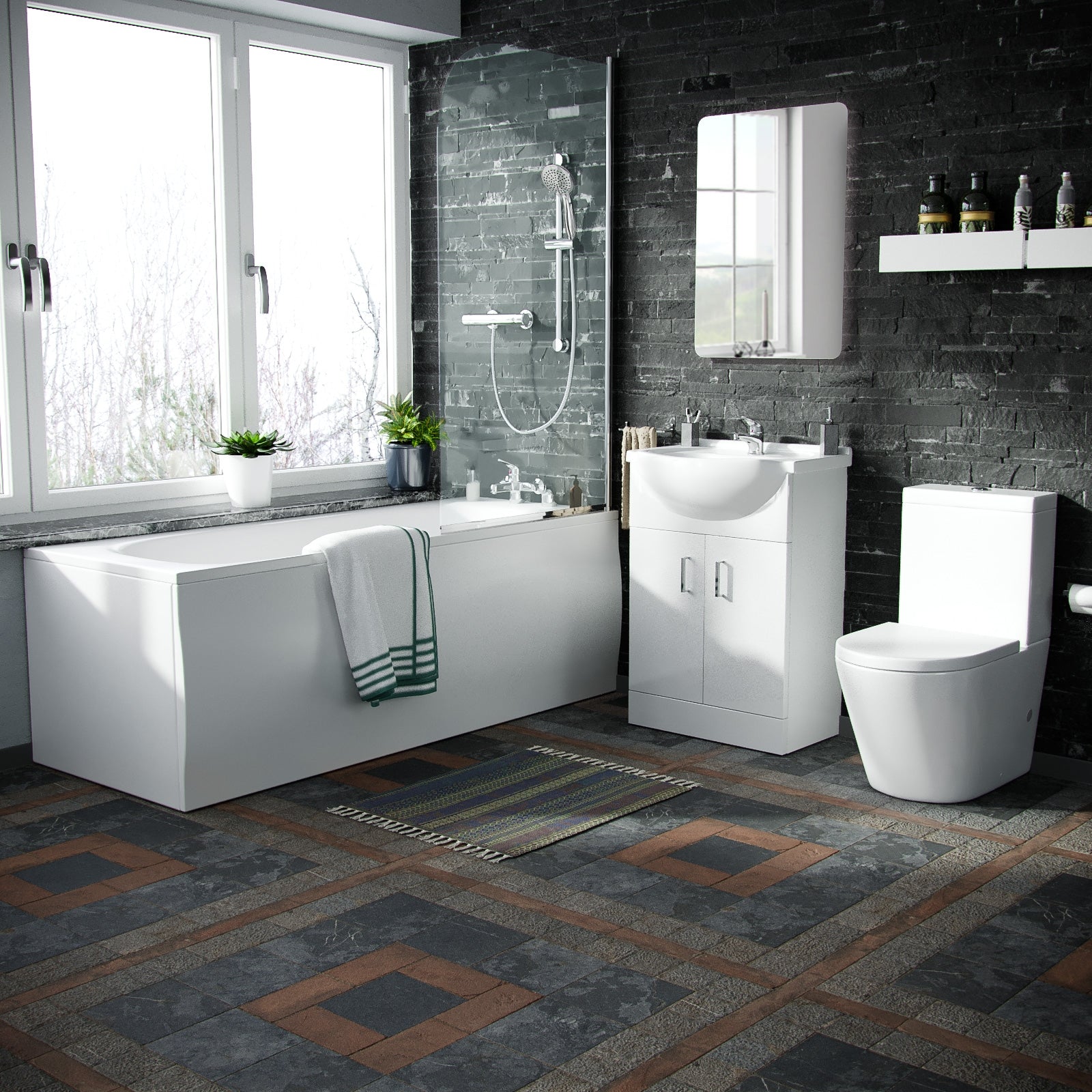 White 1700mm Bath Close Coupled Toilet Slider Rail Shower Basin Tap & Waste