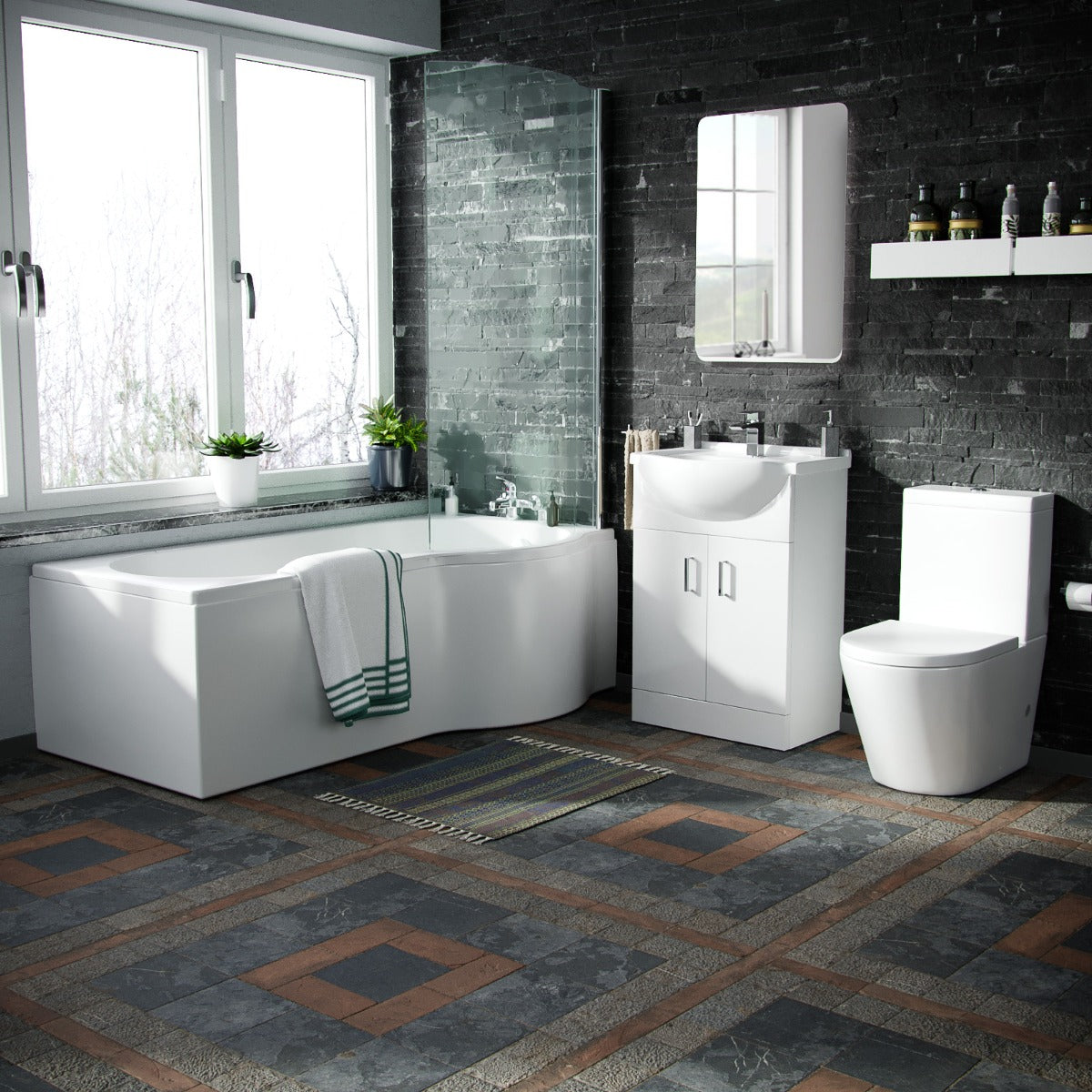 Ellen RH P-Shaped Bath With White Vanity Unit & Close Coupled Toilet Set