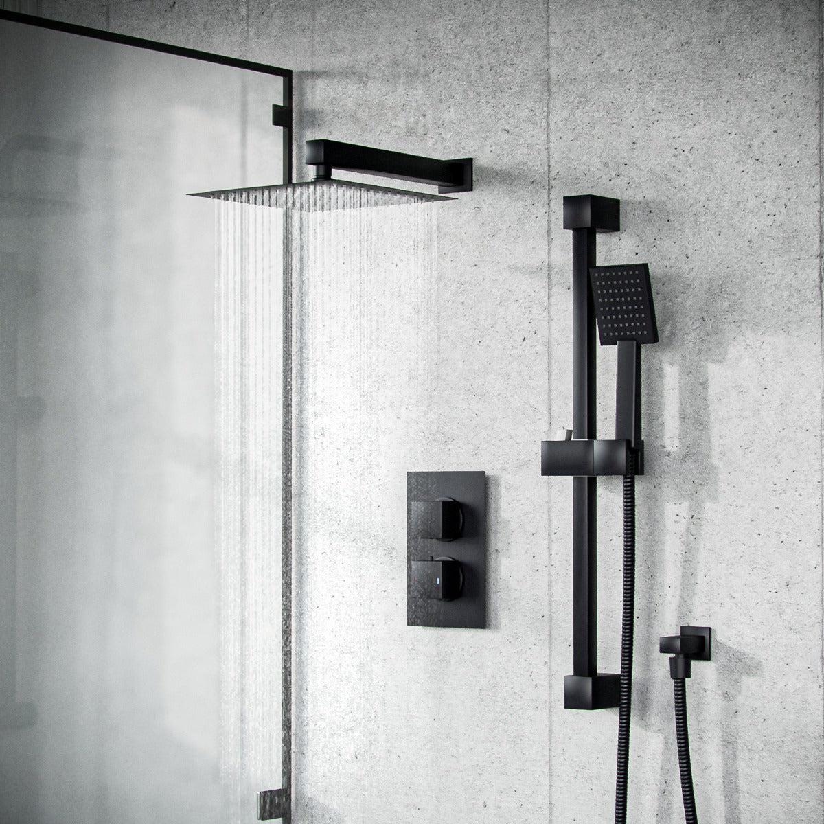 Temel Matte Black Voilet 2 Dial Thermostatic Mixer Outlet Square Shower Rail & Handset