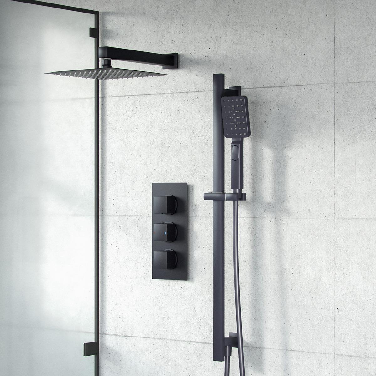 Temel Black Matte 2-Way 200mm Square Rainfall Shower Head Hand Held Mixer Valve