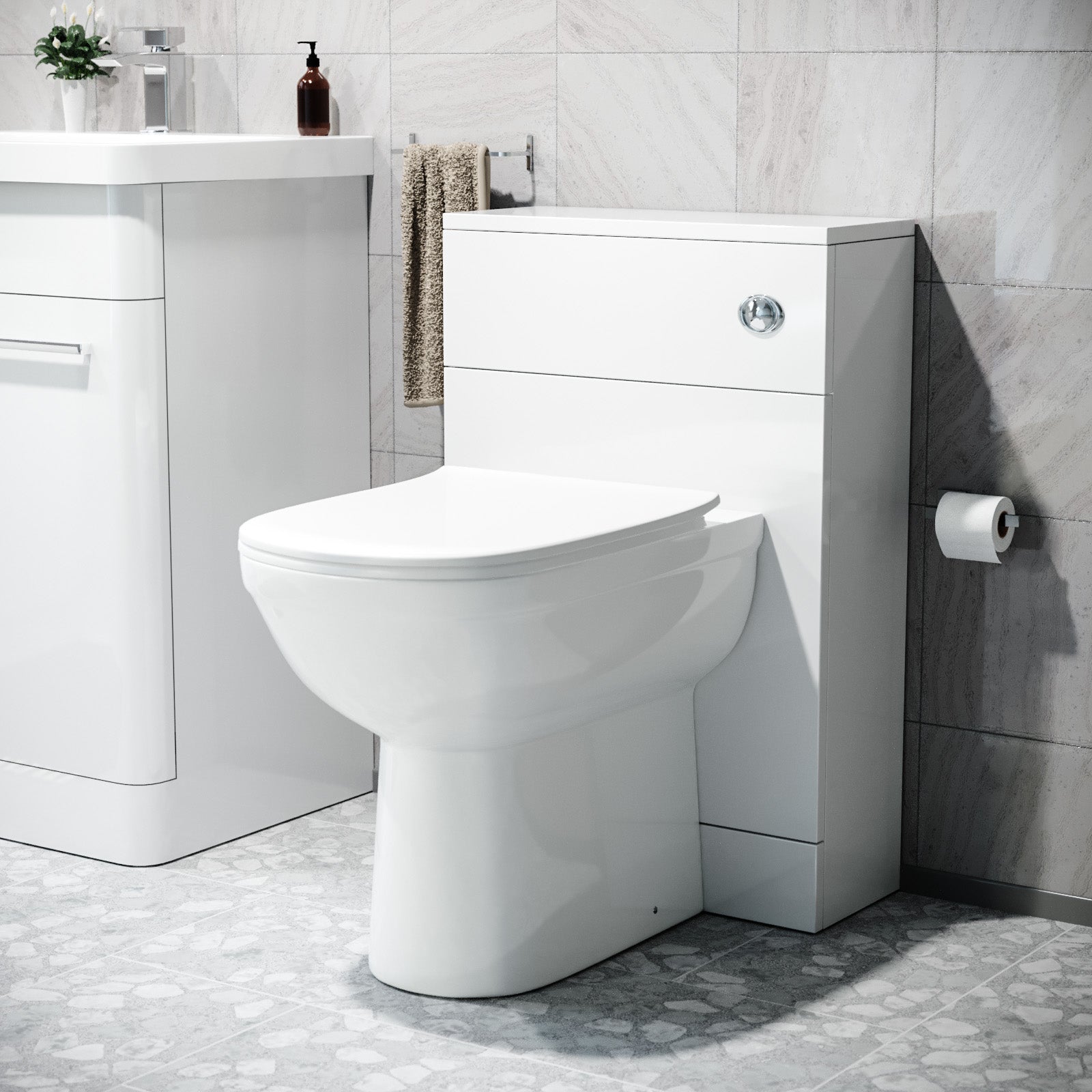 Back To Wall Toilet Seat Comfort Height & White WC Unit