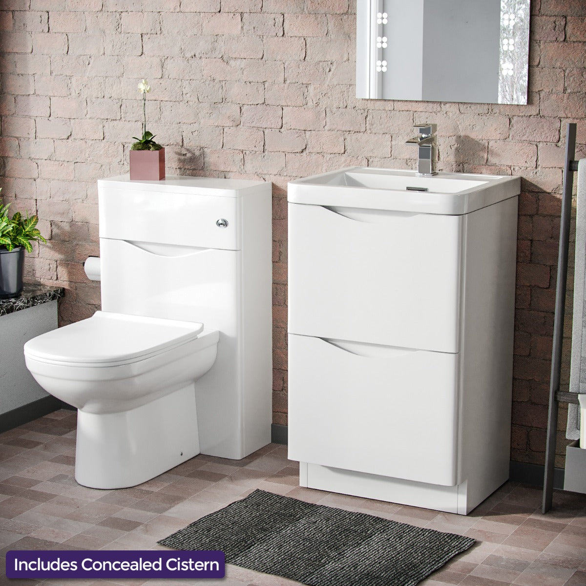 Merton White 500mm 2 Drawer Vanity Cabinet with Basin and WC Toilet Unit Combo
