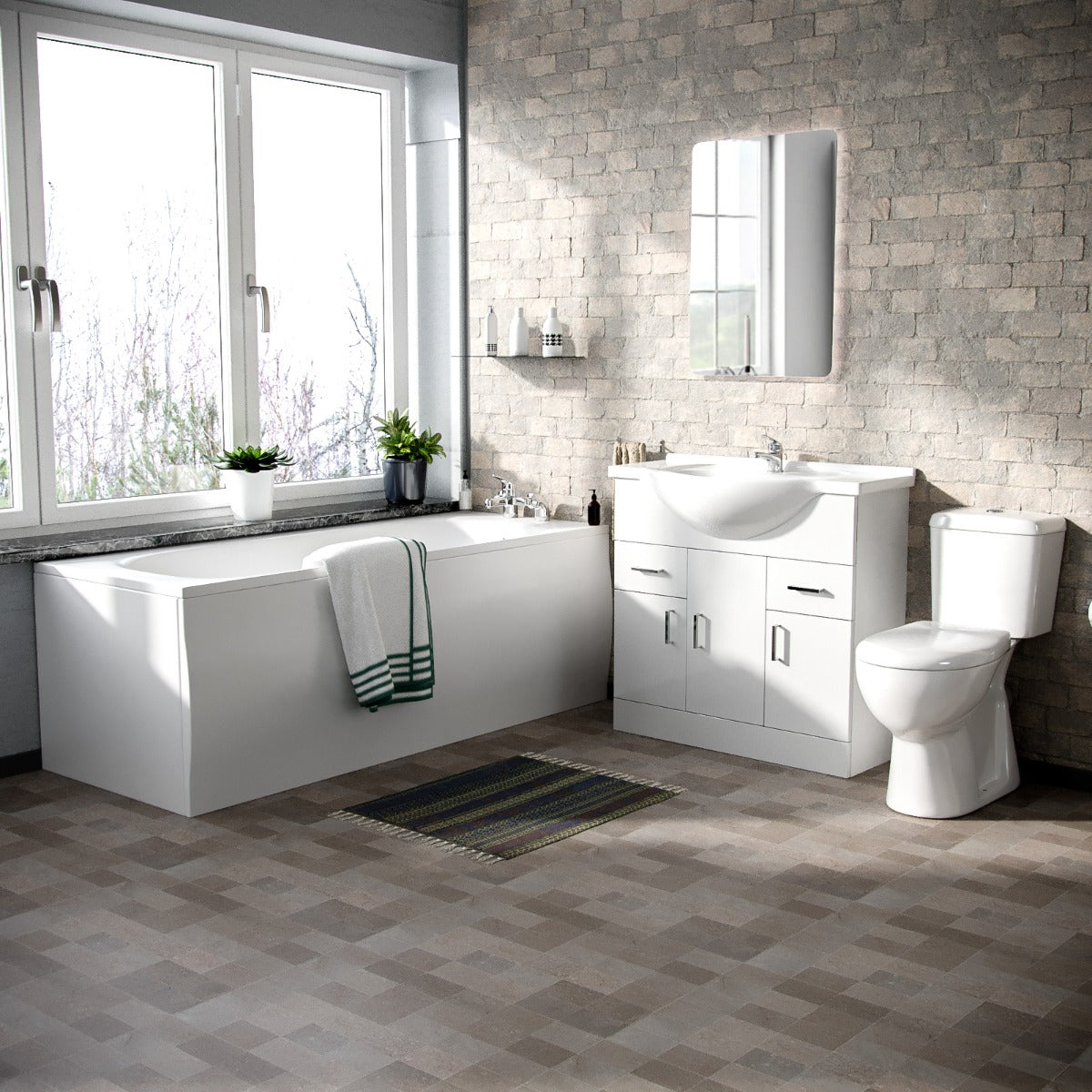 Ellen White 850mm Basin Vanity Unit Toilet & Bath Tub 3-Piece Bathroom Suite