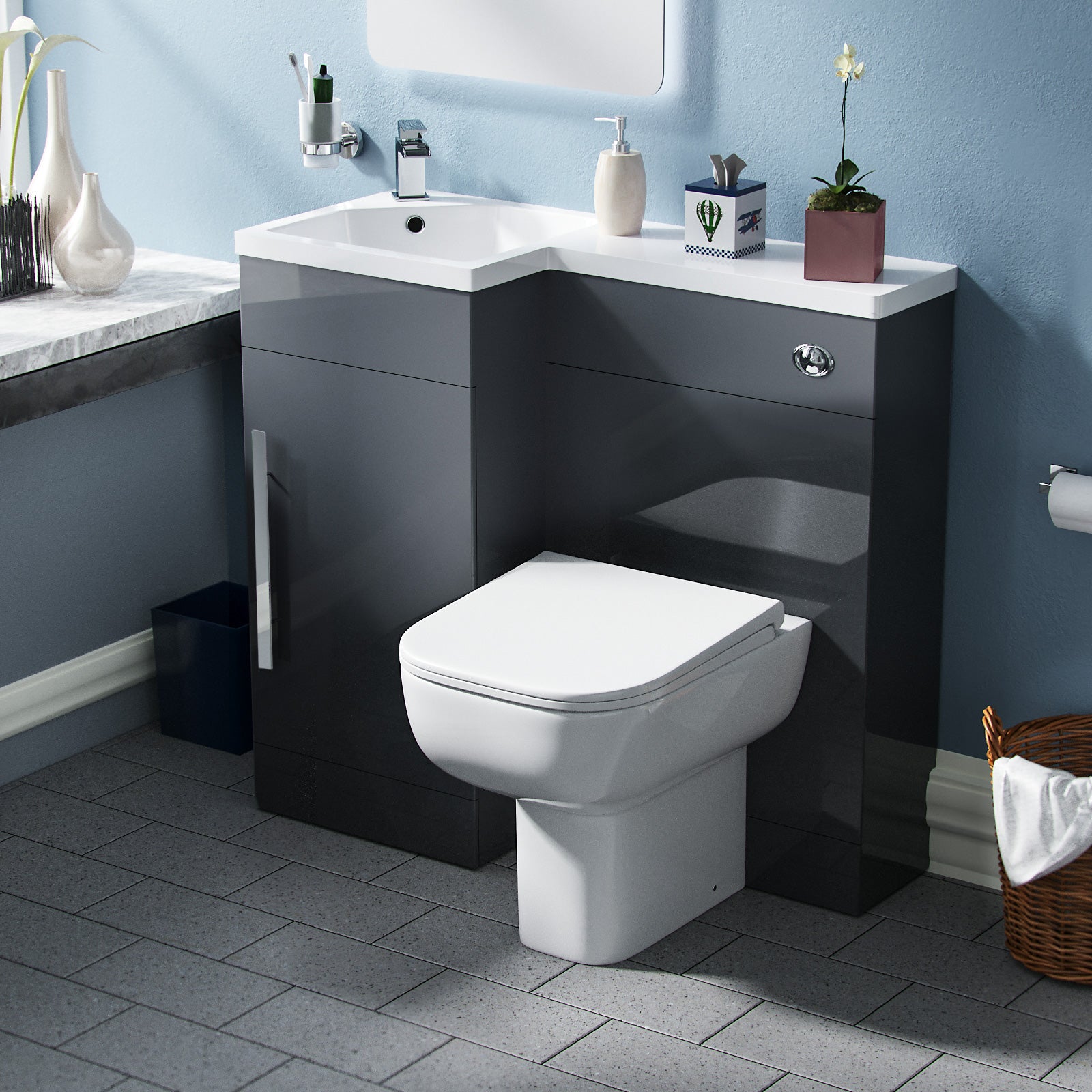 Alaska Debra Bathroom 900 mm Grey LH Basin Sink Vanity Unit WC Rimless BTW Toilet