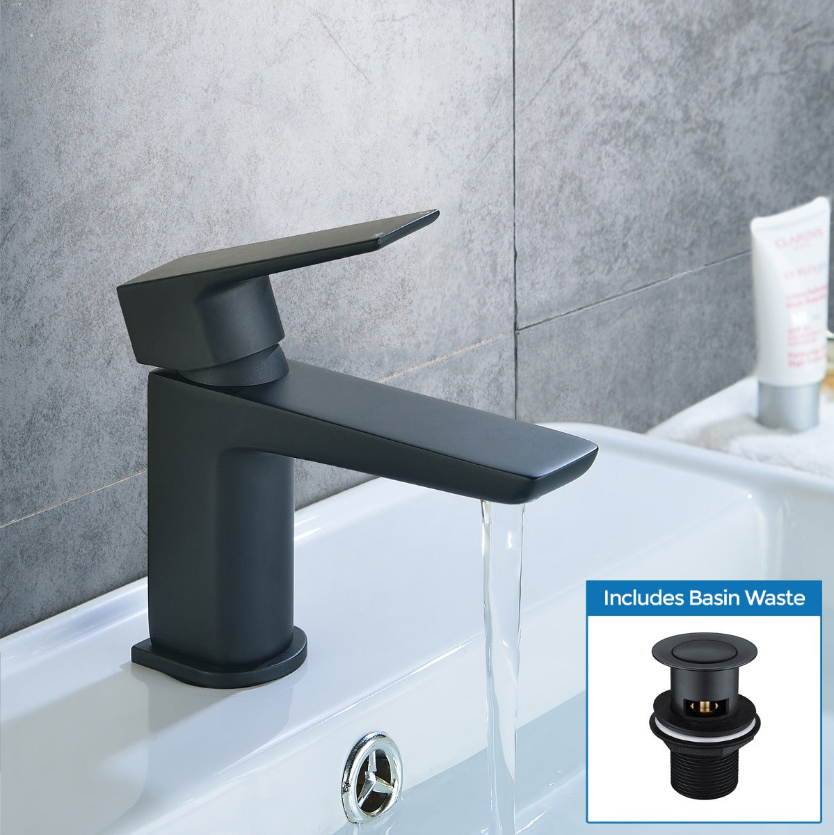 Astra Modern Matte Black Basin Mono Mixer Tap & Waste