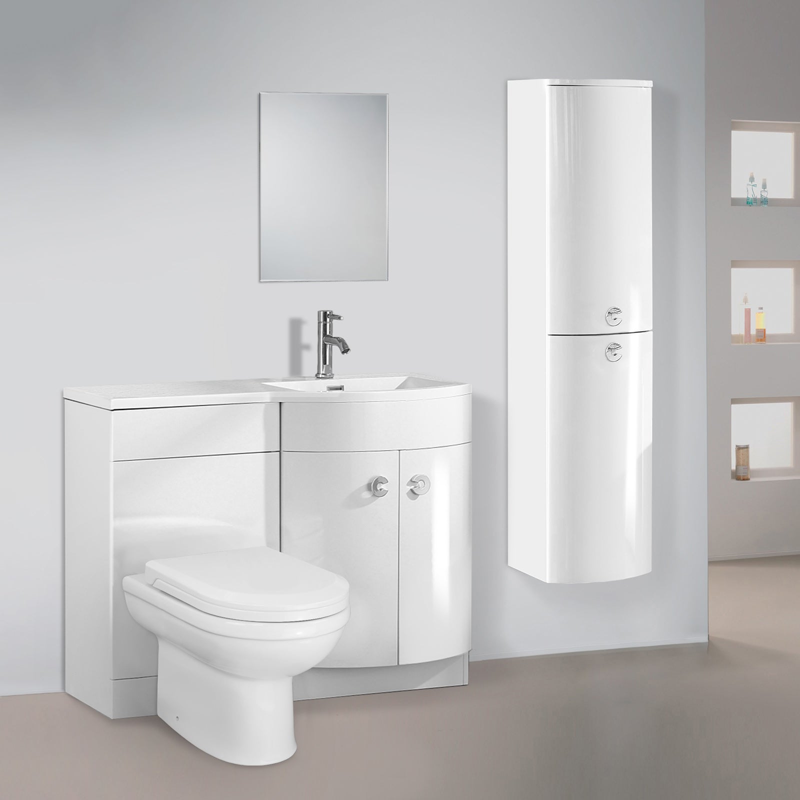 Dene Right Hand 1100mm Vanity Basin Unit White, Back to Wall Toilet & Wall Hung Cabinet White