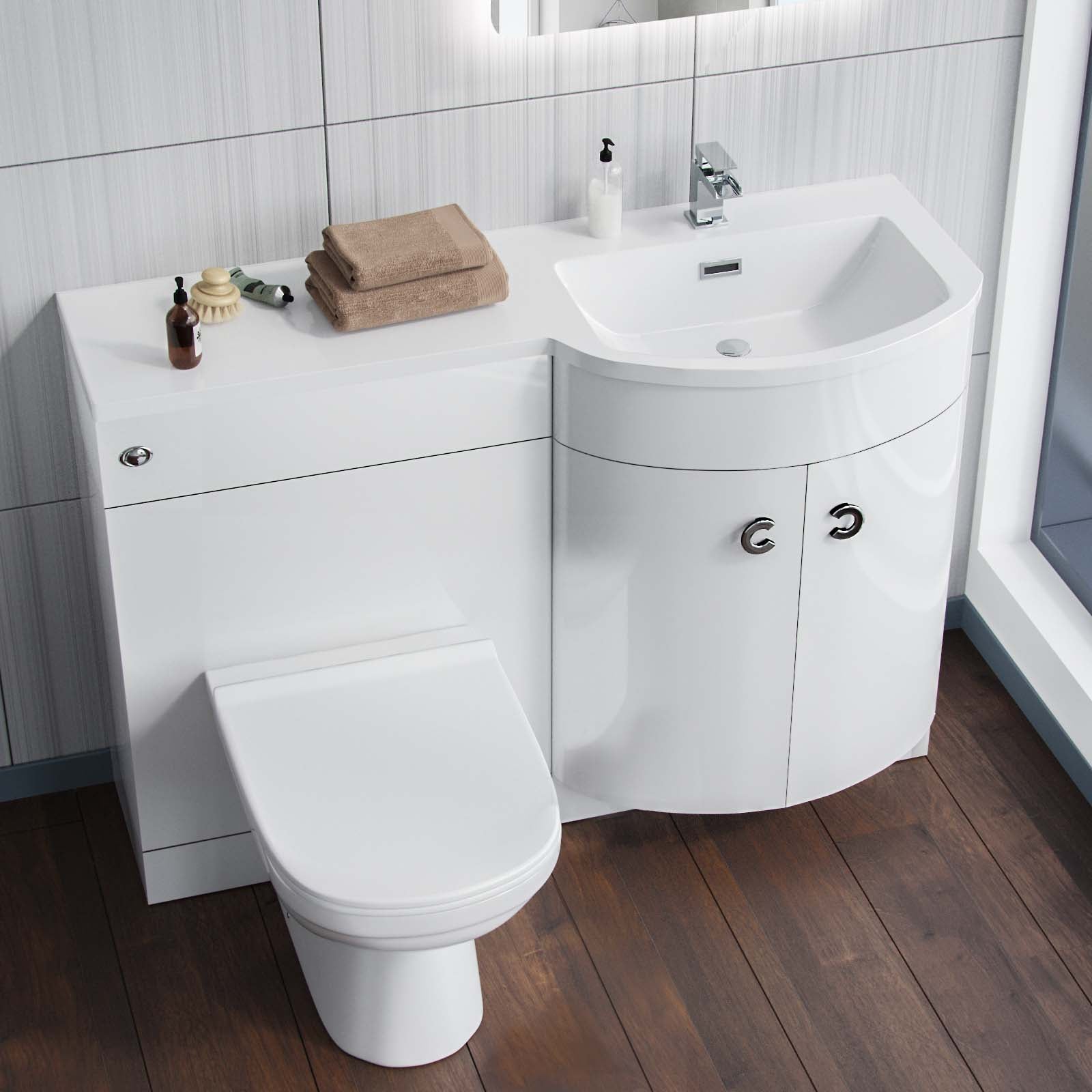 Dene 1100mm RH White Basin Vanity Flat Pack, WC Unit and BTW Toilet