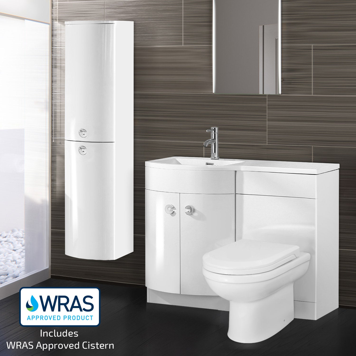 Dene Left Hand 1100mm Vanity Basin Unit White, Back to Wall Toilet & Wall Hung Cabinet White