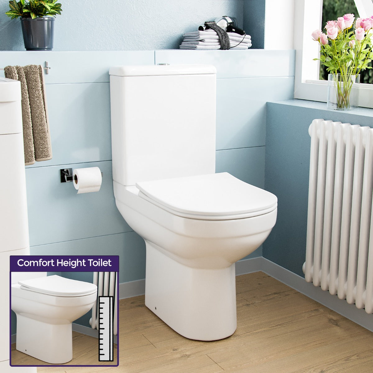 Comfort Height Close Coupled Toilet Pan Cistern and Soft Close Seat