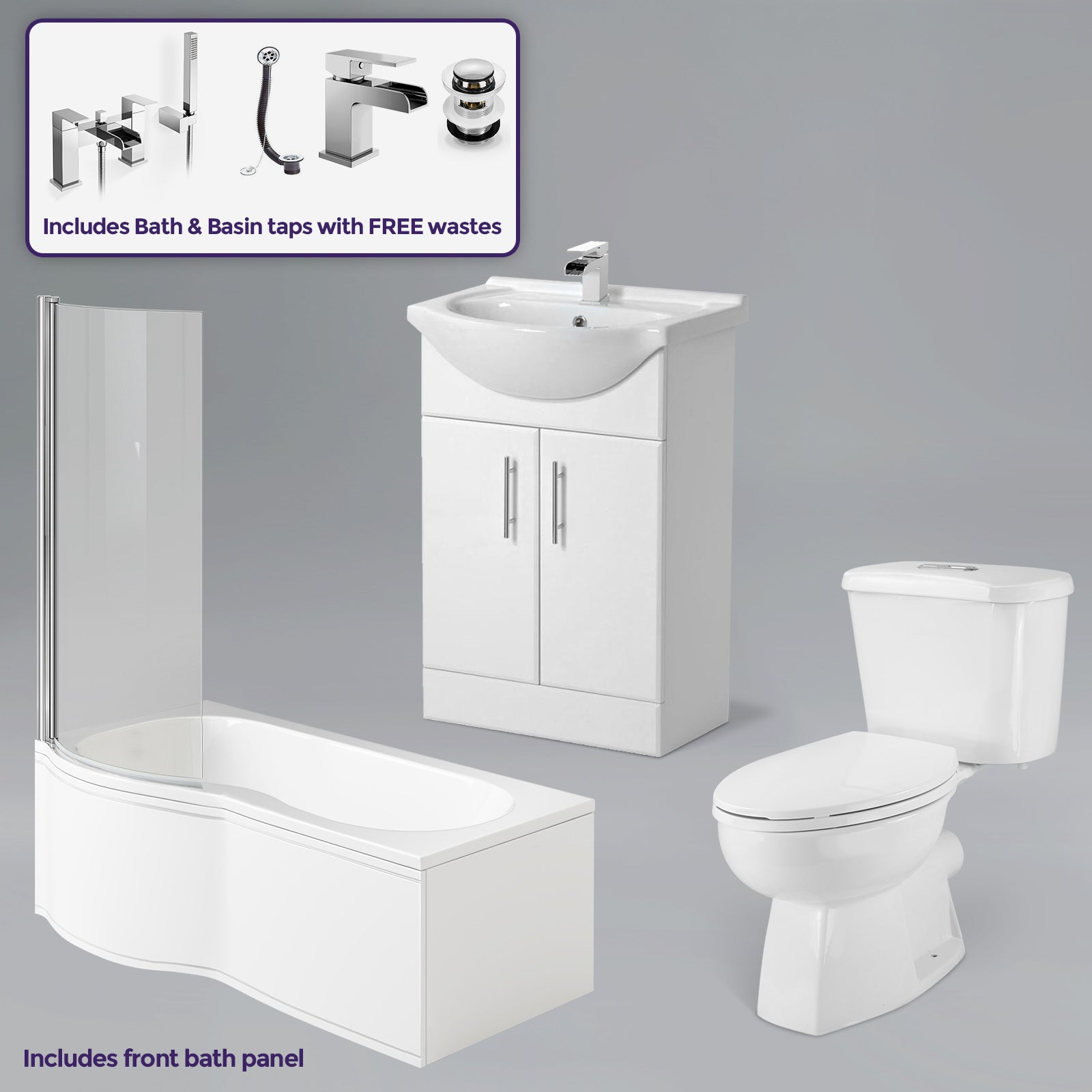 Senore White 1700mm P-Shaped Bath and Screen Basin Flat Pack Vanity Unit Close Coupled Toilet Mono and Shower Mixer Taps & Wastes
