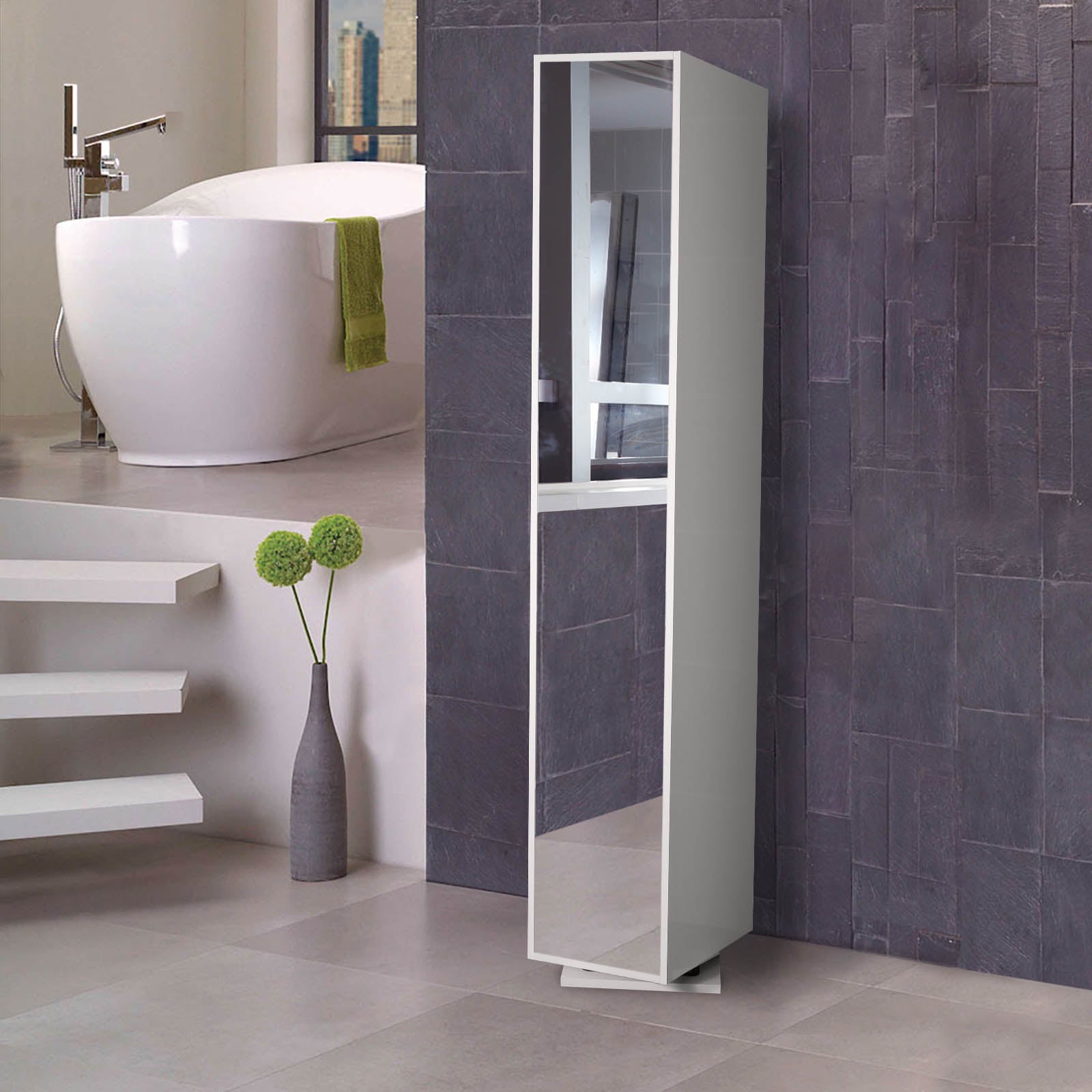 1800mm White Gloss Freestanding Tall Storage Unit With Mirror