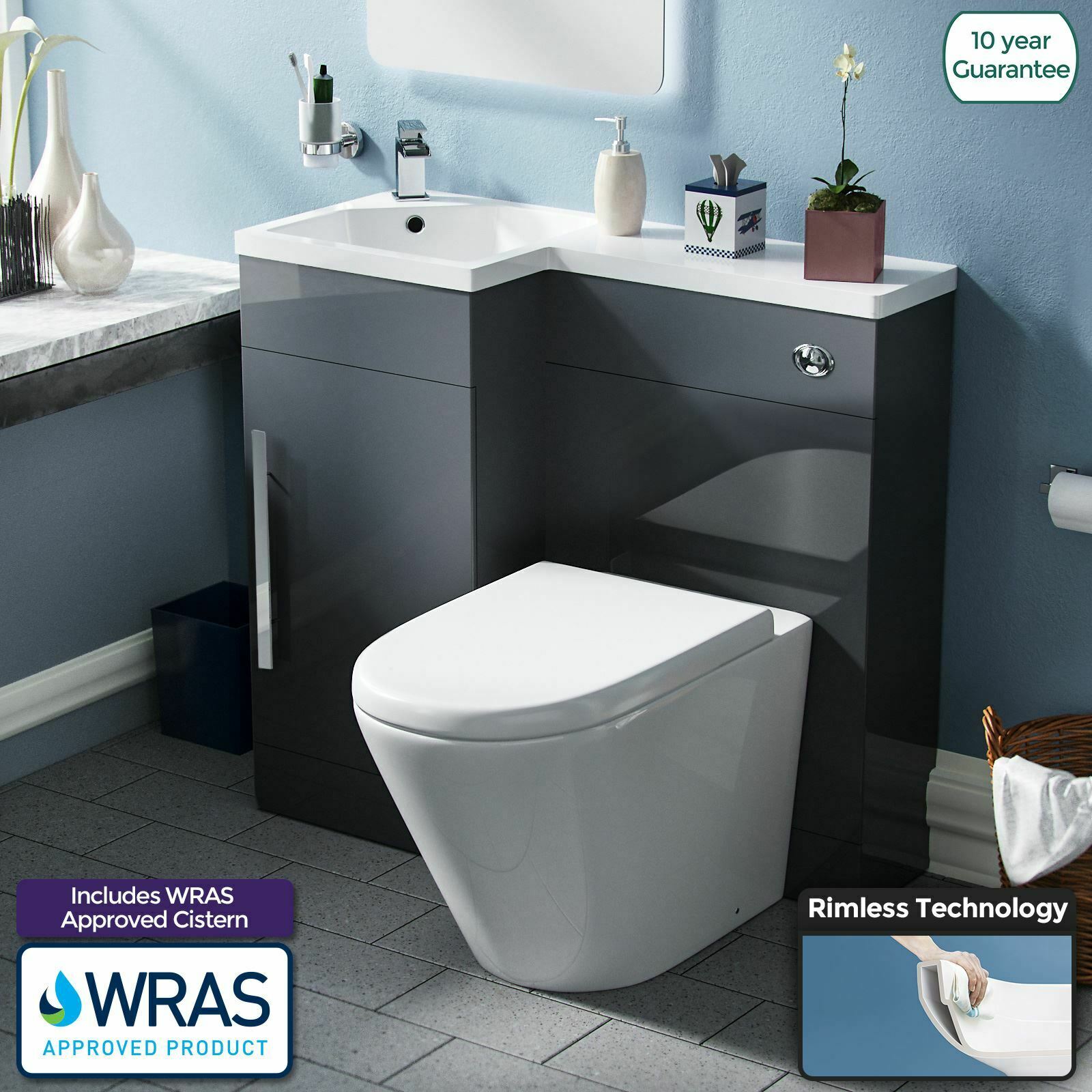 Alaska Grey 900mm Left Hand Cloakroom Basin Vanity Unit and Toilet Pan